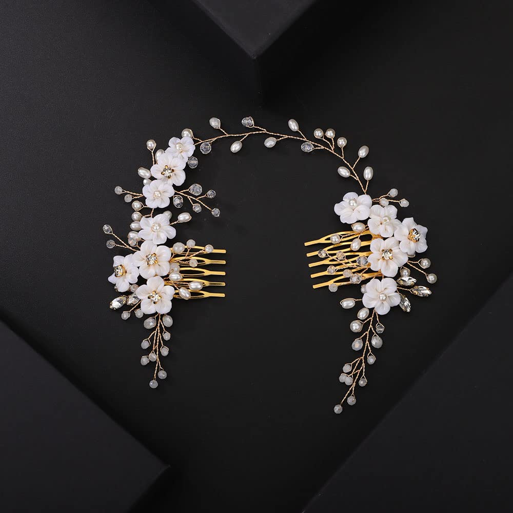 Denifery White Flower Bridal Hair Vine with Comb - Gold Crystal Pearl Wedding Hair Accessories for Women & Girls | Perfect for Bridal, Prom, and Special Occasions