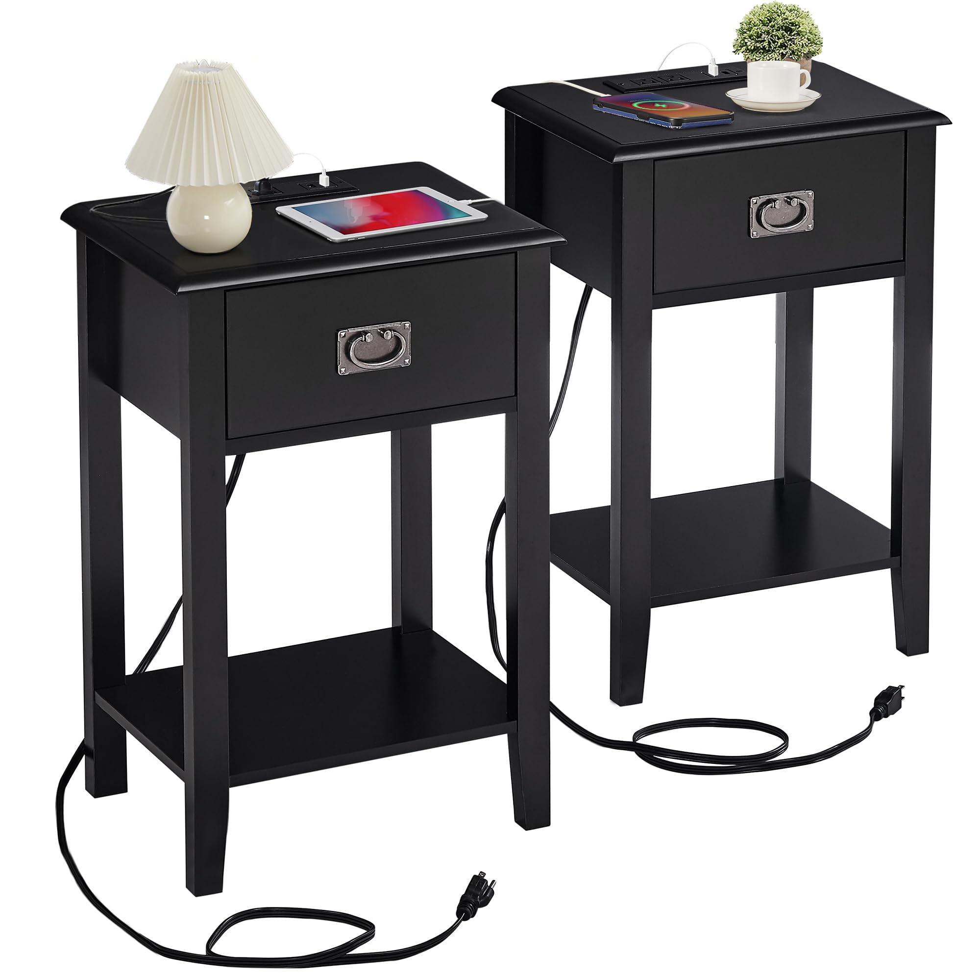 VECELO Nightstand Set of 2 with USB Charging Station, Bedside End Tables with Drawer Storage for Bedroom & Living Room - Vintage Style Solid Wood Legs Accent Furniture (Black) - Perfect for Small Spaces & Apartment Decor