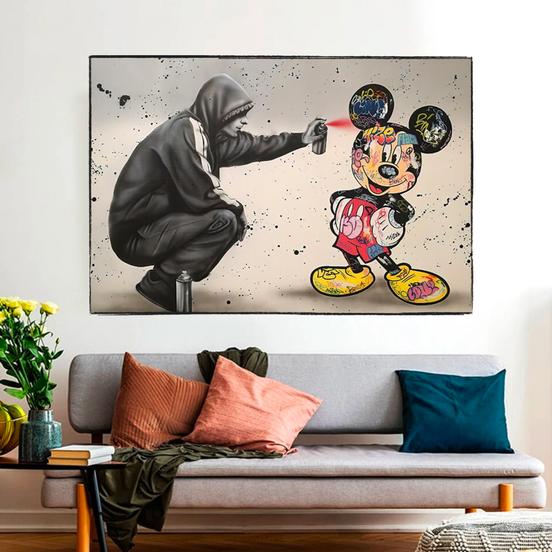 Banksy Mickey Mouse Spray Painted Canvas Wall Art - Urban Street Art Print for Modern Home & Office Decor | Perfect for Living Room, Bedroom & Studio Wall Display