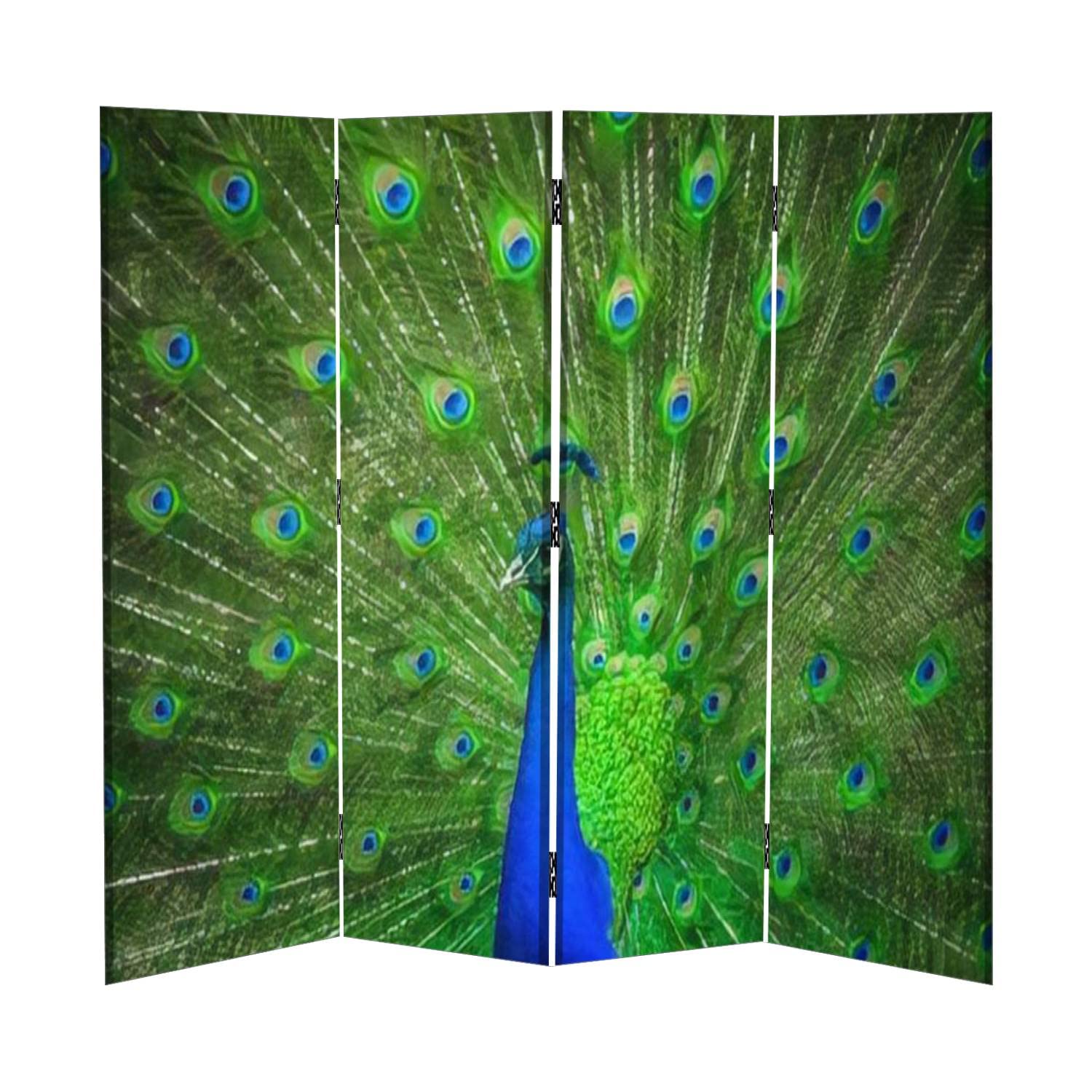 4 Panel Canvas Room Divider Screen - Beautiful Peacock with Feathers Portrait, Folding Privacy Partition for Home & Office | Temporary Wall Divider for Bedroom, Living Room, Studio