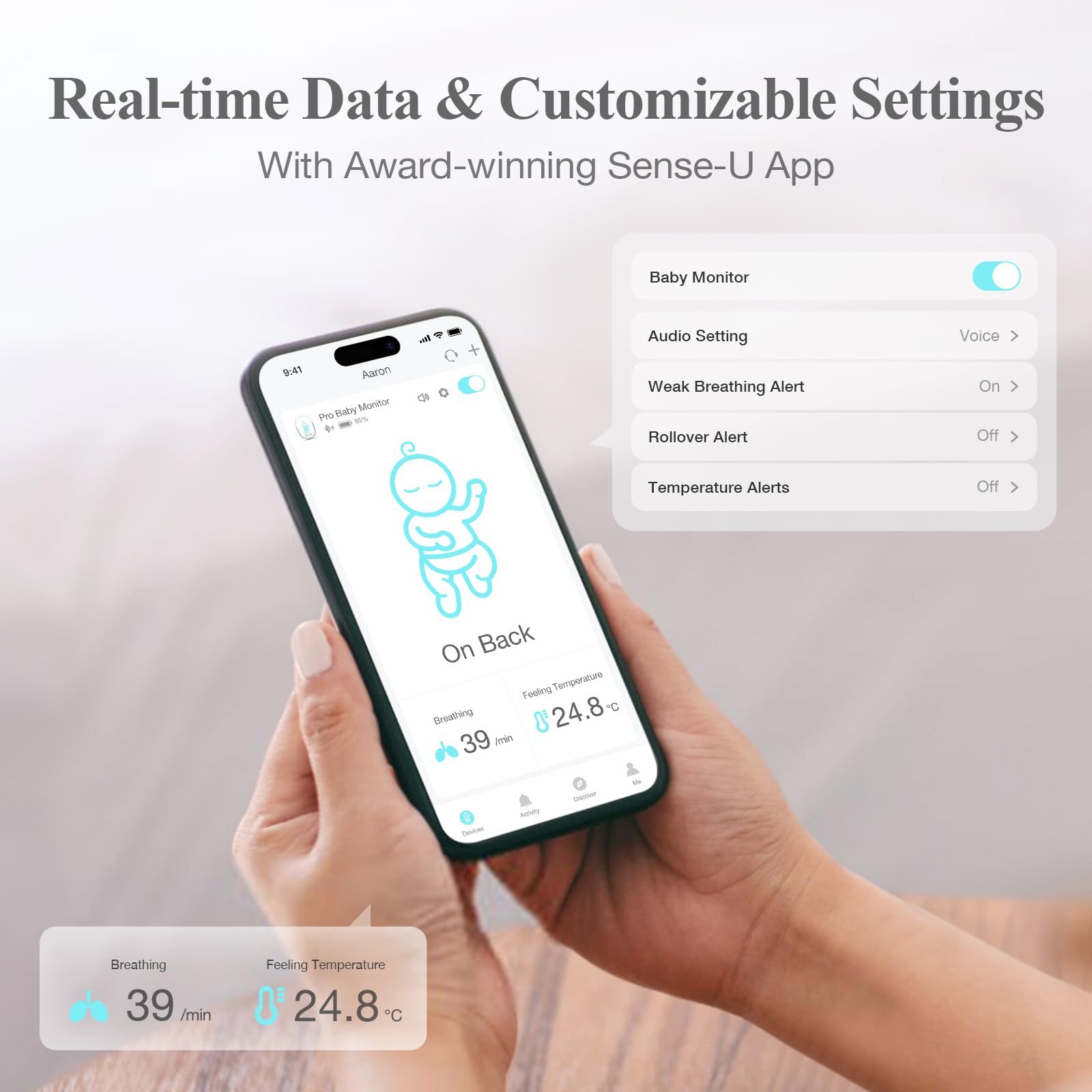 Sense-U Smart Baby Monitor Pro with Vibration & App Alerts – Tracks Breathing, Rollover & Temperature – Wearable Sleep Tracker for Infants (Blue) | Ideal for Newborns, SIDS Prevention & Peace of Mind Parenting