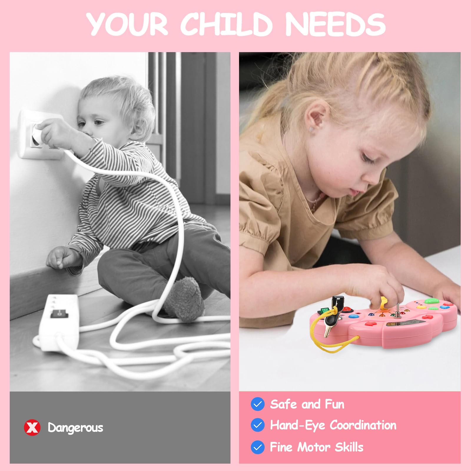 Montessori Busy Board for Toddlers 1-4 Years - LED Musical Light Switch Sensory Toy with Preschool Learning Activities | Travel & Educational Gift for Boys & Girls (Pink) - Perfect for Home, Classroom & Airplane Travel