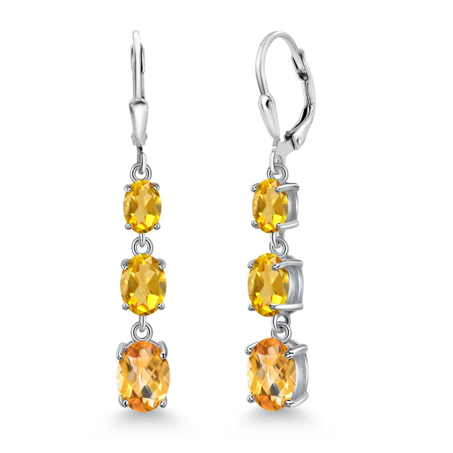 Gem Stone King 3-Stone Leverback Drop Dangle Earrings for Women - 925 Sterling Silver Birthstone Jewelry | Oval 8x6mm, 7x5mm & 6x4mm Gemstones | Elegant Gift for Mom, Wife, Her | Perfect for Weddings, Anniversaries & Special Occasions