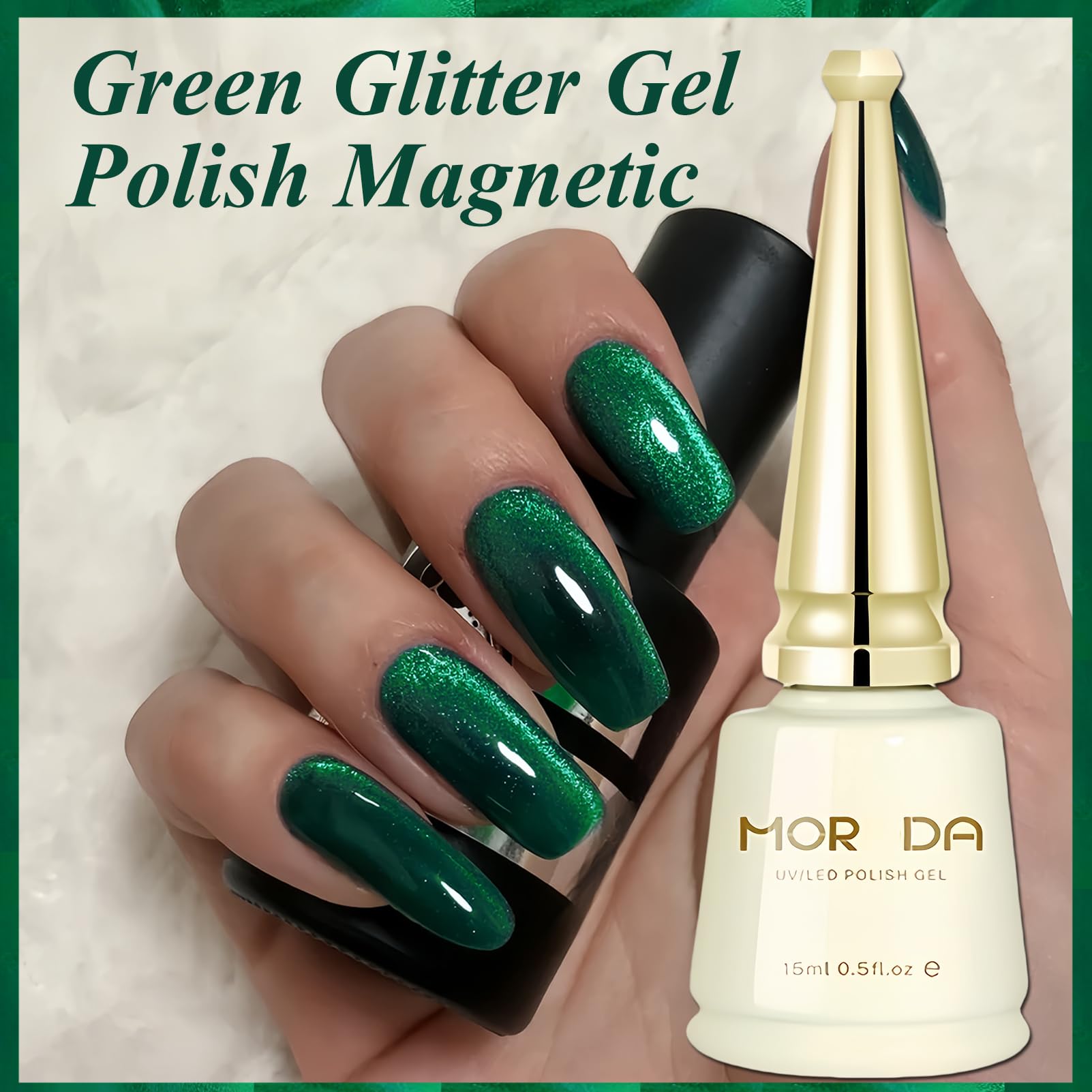 Forest Green Cat Eye Gel Nail Polish with Magnetic Effect - 15ML Emerald Green Glitter Nail Polish for Women & Girls | Perfect for Christmas, Parties, and Special Occasions