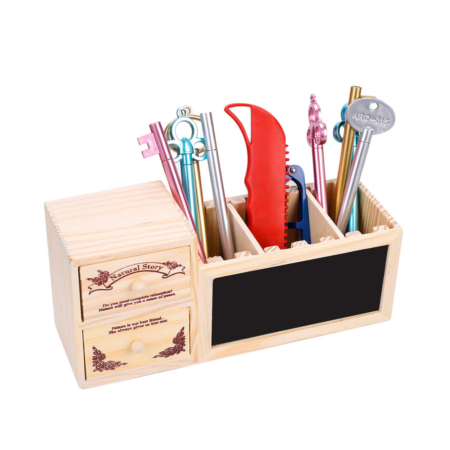 Wooden Pencil Holder Box with 3 Adjustable Compartments & 2 Drawers - Blackboard Pen Cup, Multi-Purpose Wooden Pencil Stand - Desktop Storage Organizer for Office, Home, School - Perfect for Organizing Pens, Markers & Art Supplies on Your Desk