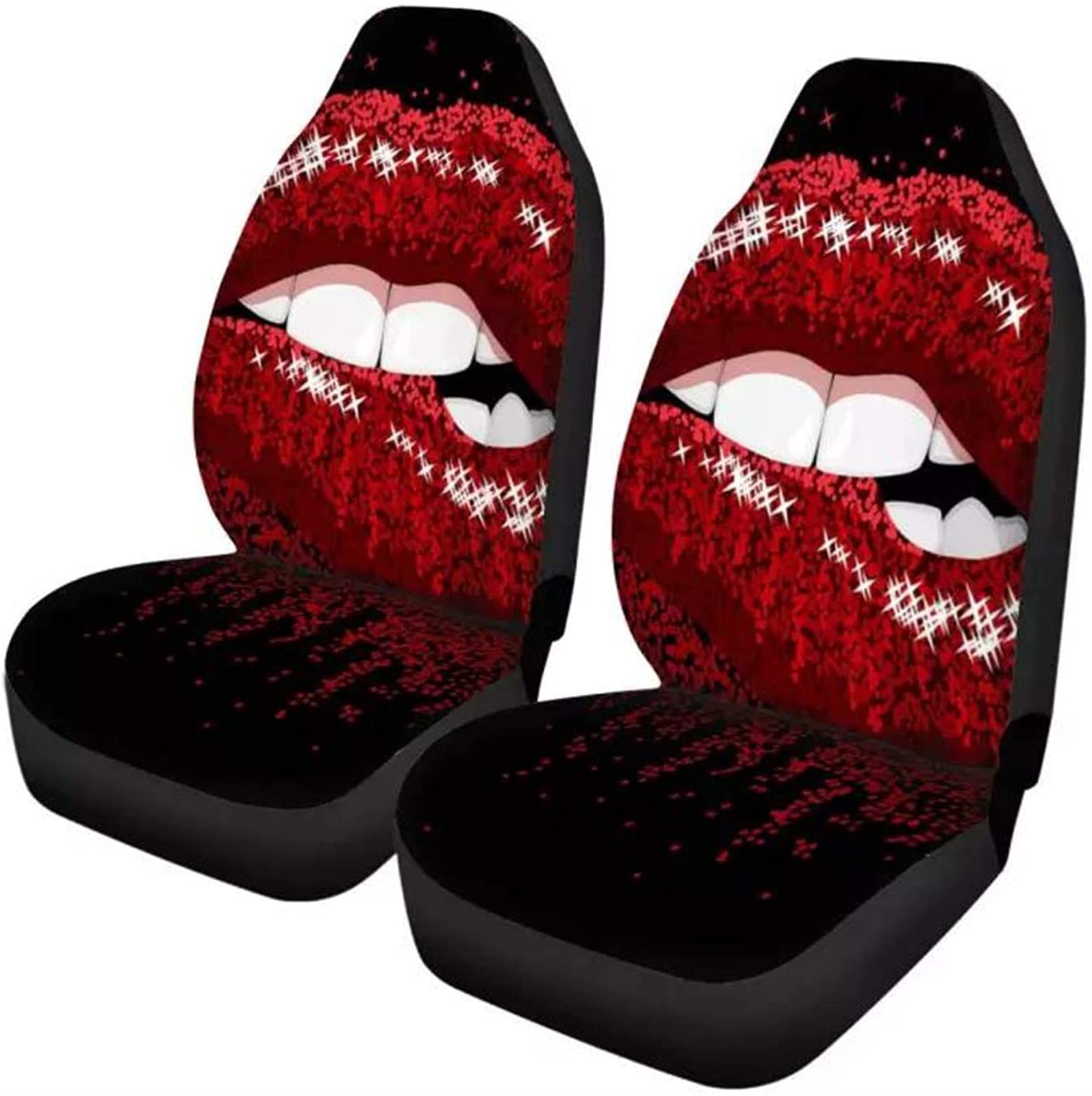 FOR U DESIGNS Red Lips Print Universal Car Seat Covers - Full Set of 2 Washable High Back Bucket Seat Protectors for Cars, Trucks, SUVs & Vans | Perfect for Daily Commute, Road Trips & Interior Protection