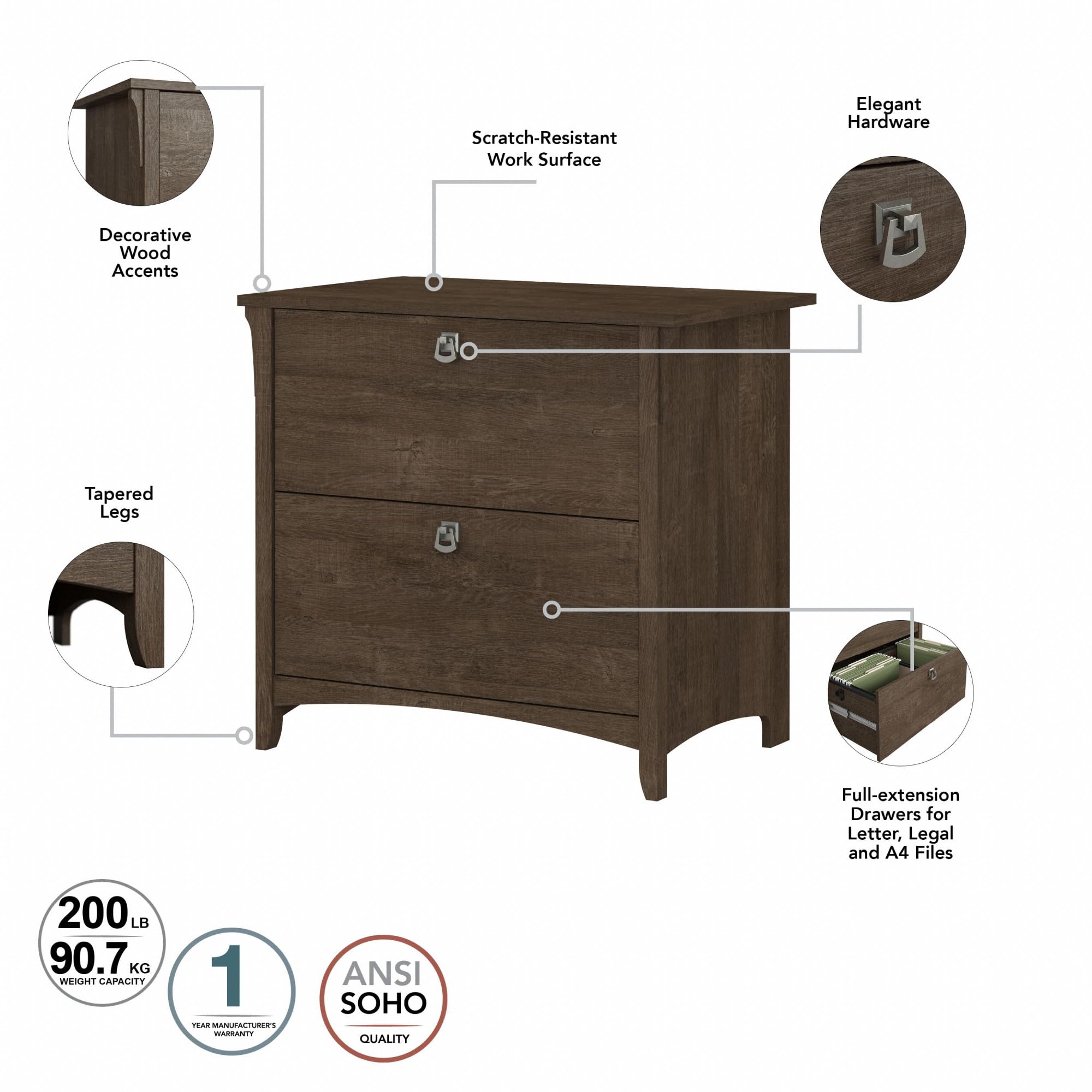Bush Furniture Salinas 2-Drawer Lateral File Cabinet in Ash Brown - Office Storage Solution for Home & Business Organization