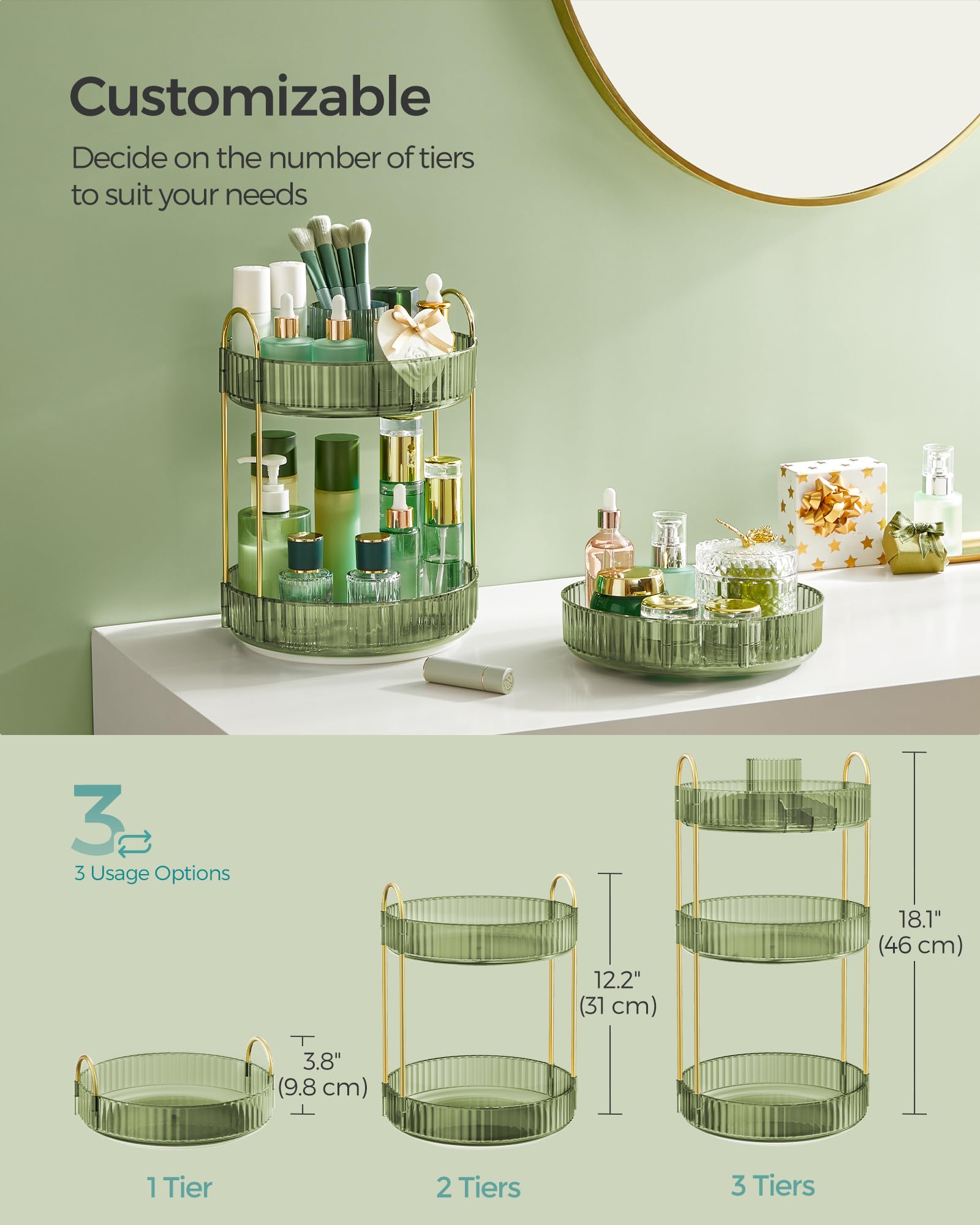 SONGMICS 3-Tier Rotating Makeup Organizer | Round Skincare & Toiletries Vanity Organizer with Lazy Susan | Customizable Cosmetic Storage | Perfect for Bathroom Countertop, Dressing Table & Gift Giving | Pale Green UJKA011C01