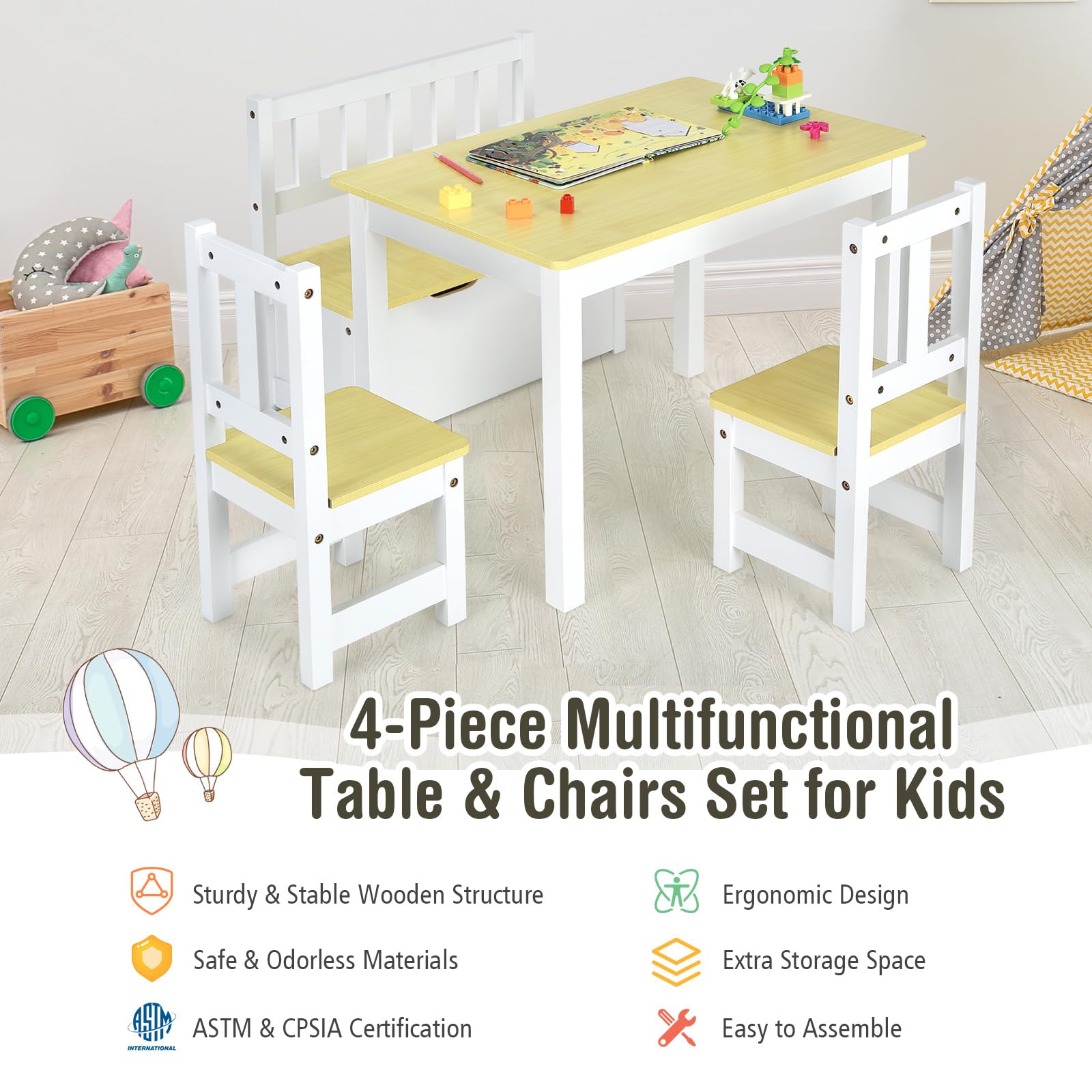 KOTEK 4-Piece Kids Table and Chair Set with Toy Storage Bench - Natural Wood Toddler Activity Table for Arts, Crafts, Snack Time - Perfect for Playroom, Kindergarten & Bedroom (Ideal for Learning, Drawing & Pretend Play)