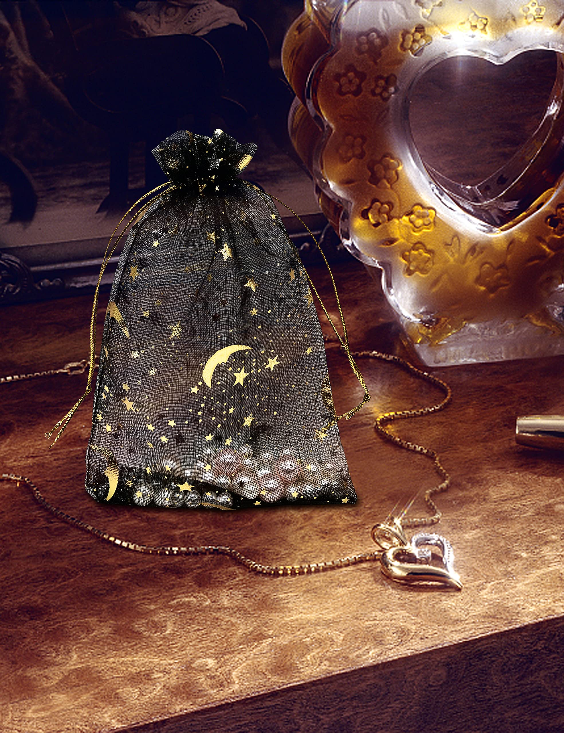 100PCS 4x6 Inch Black Organza Drawstring Bags - Premium Jewelry Gift Bags with Moon & Star Design for Wedding Favors, Party Gifts, Candy Packaging & Small Item Storage