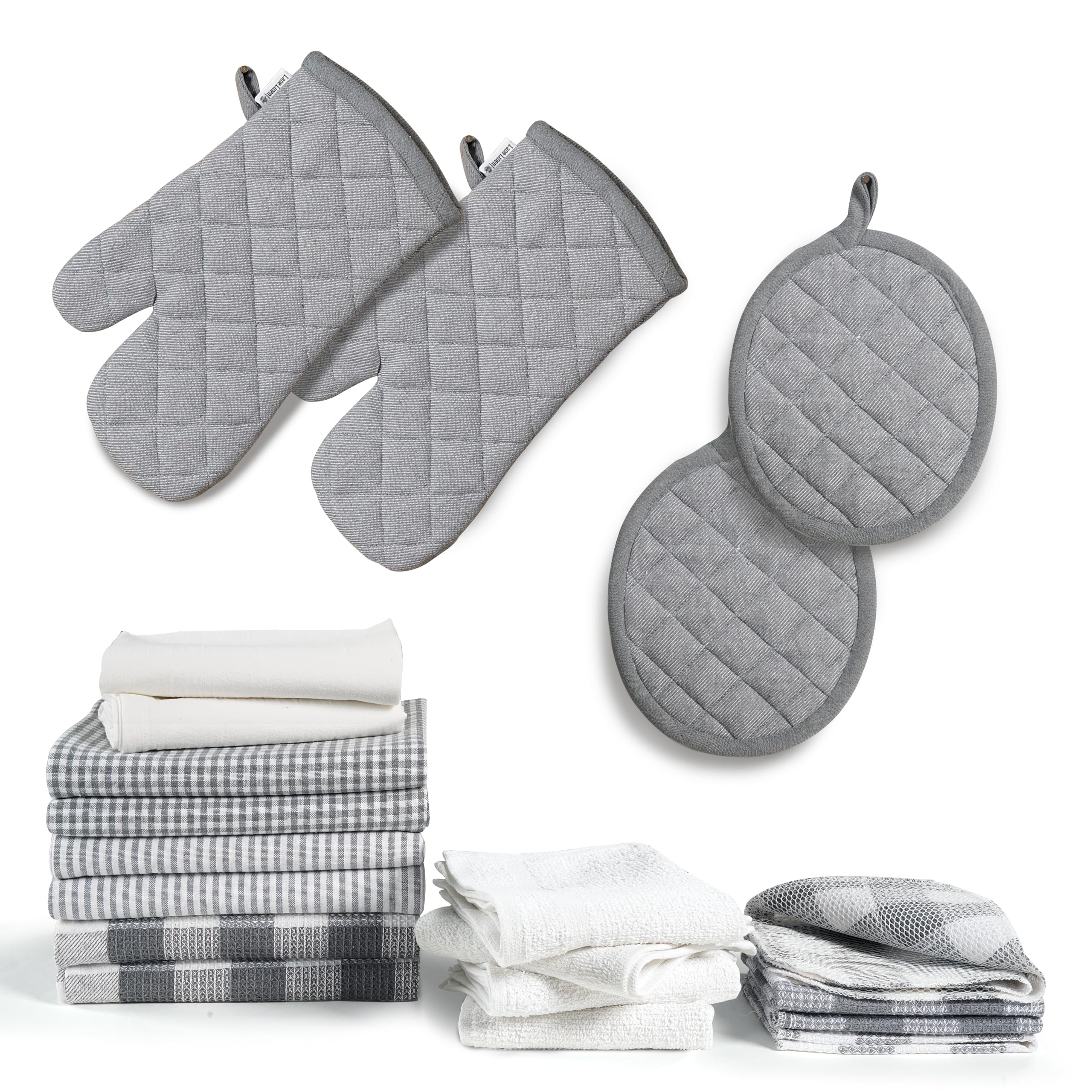 Premium 20-Piece Kitchen Towel Set - Ultra Absorbent Flour Sack Dish Towels, Heat Resistant Oven Mitts & Pot Holders - Gray Linen Collection for New Home Essentials | Perfect for Cooking, Baking & Daily Kitchen Cleaning