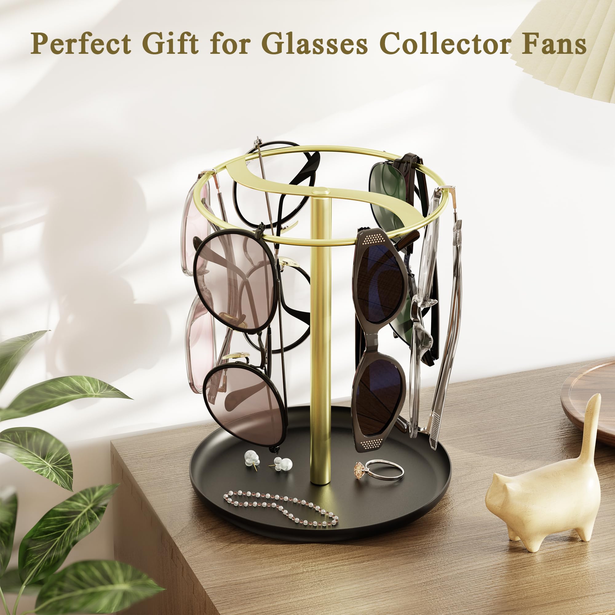 Premium Gold Sunglass Holder & Organizer - Sturdy Eyeglass Display Stand with Storage Tray for Multiple Sunglasses & Glasses | Perfect for Home, Office, Retail Store Display and Travel Organization