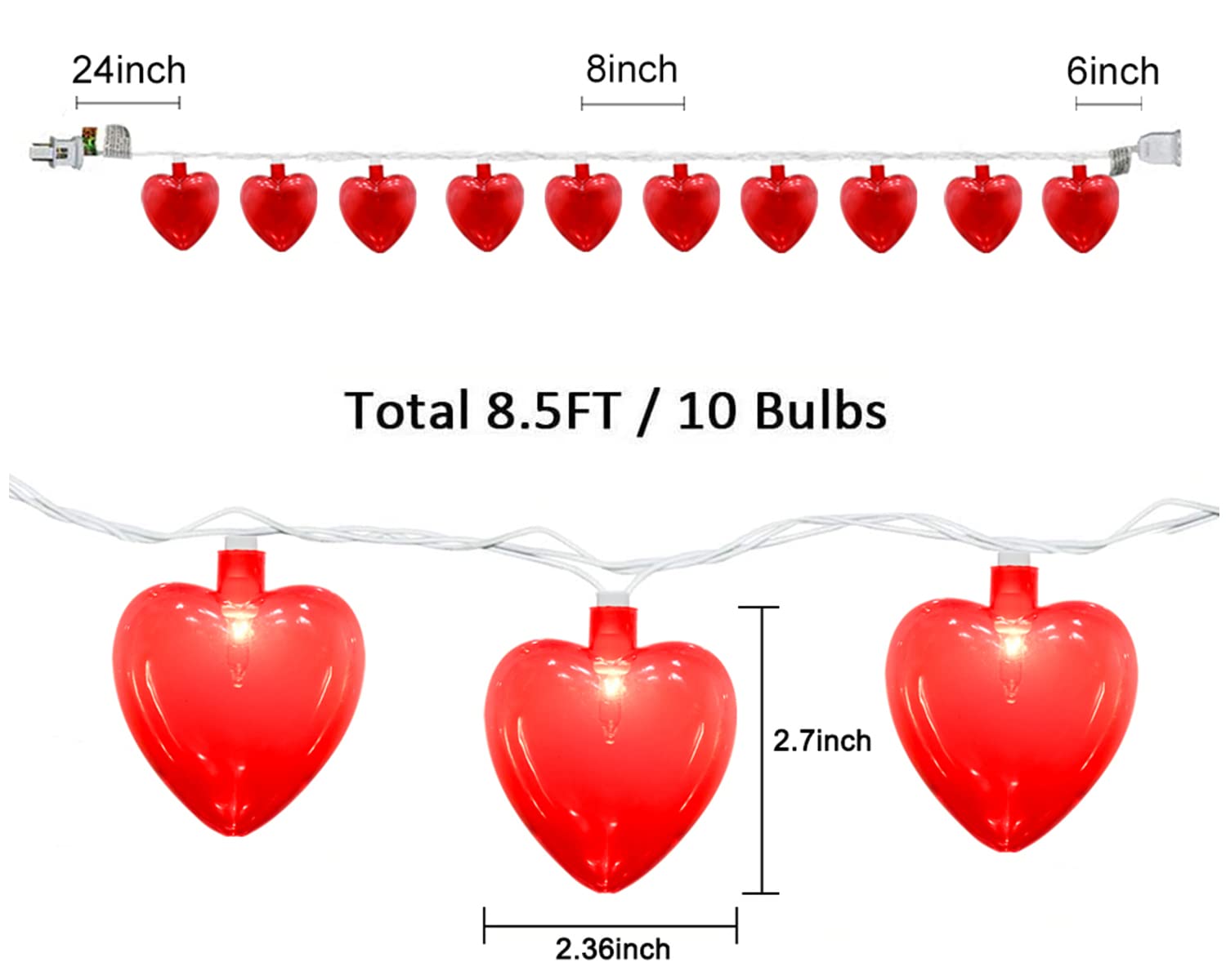 8.5Ft Heart String Lights with 10 Red 3D Hearts - Romantic Plug-in Fairy Lights for Valentine's Day, Bedroom, Wedding, Anniversary - Indoor & Outdoor Decoration - Perfect for Romantic Dinners, Garden Parties and Home Decor