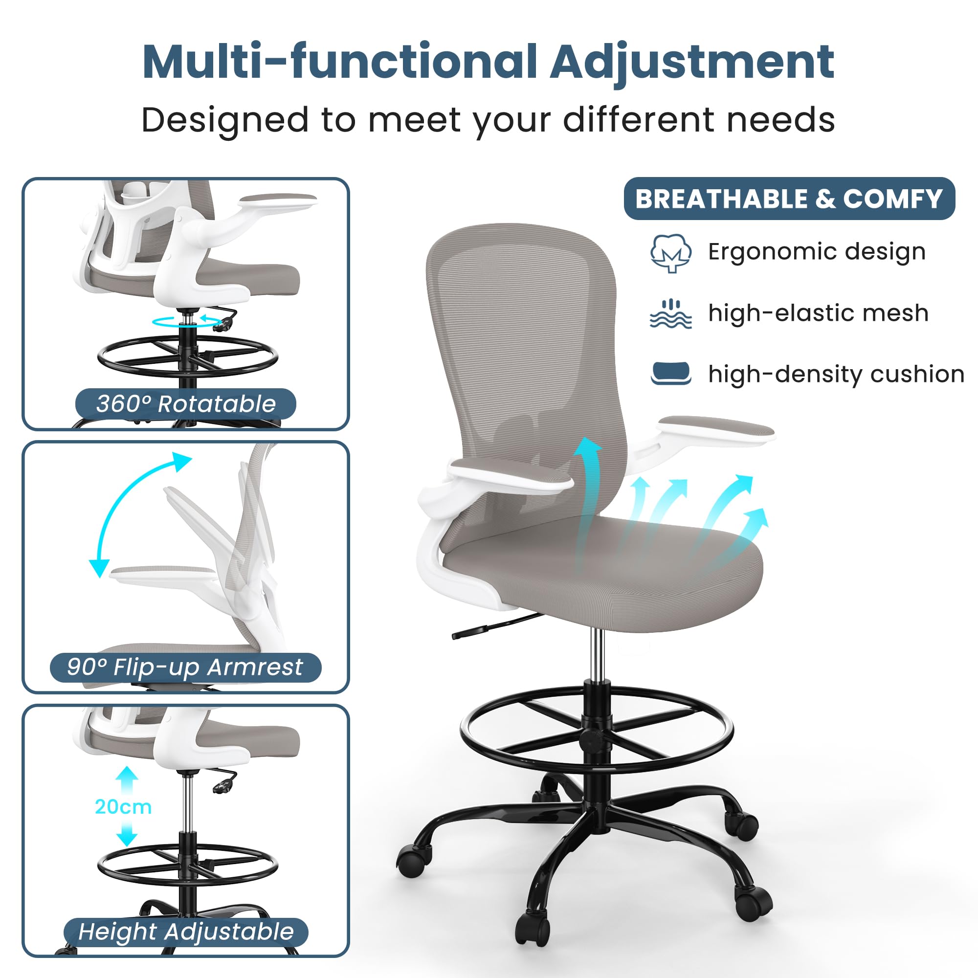 Ergonomic Drafting Chair with Flip-Up Armrests & Adjustable Footrest - Tall Office Chair for Standing Desks - Executive Computer Chair with Lumbar Support - Perfect for Architects, Designers & Home Office Workspaces