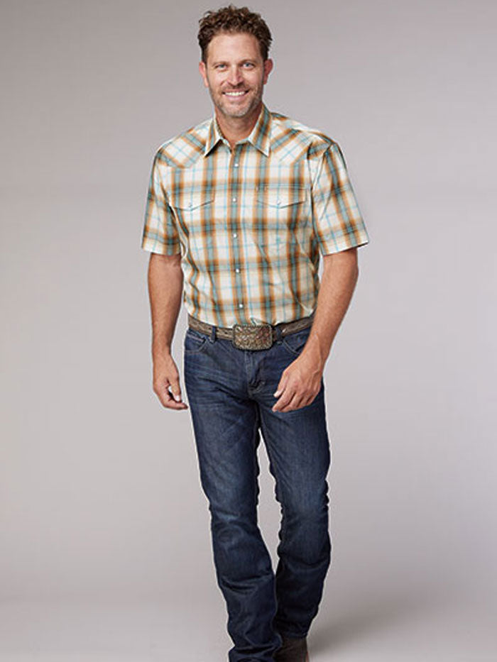 Roper Men's Short Sleeve Western Plaid Shirt - Orange Checkered Casual Button Up Shirt for Cowboy, Ranch Work & Outdoor Activities