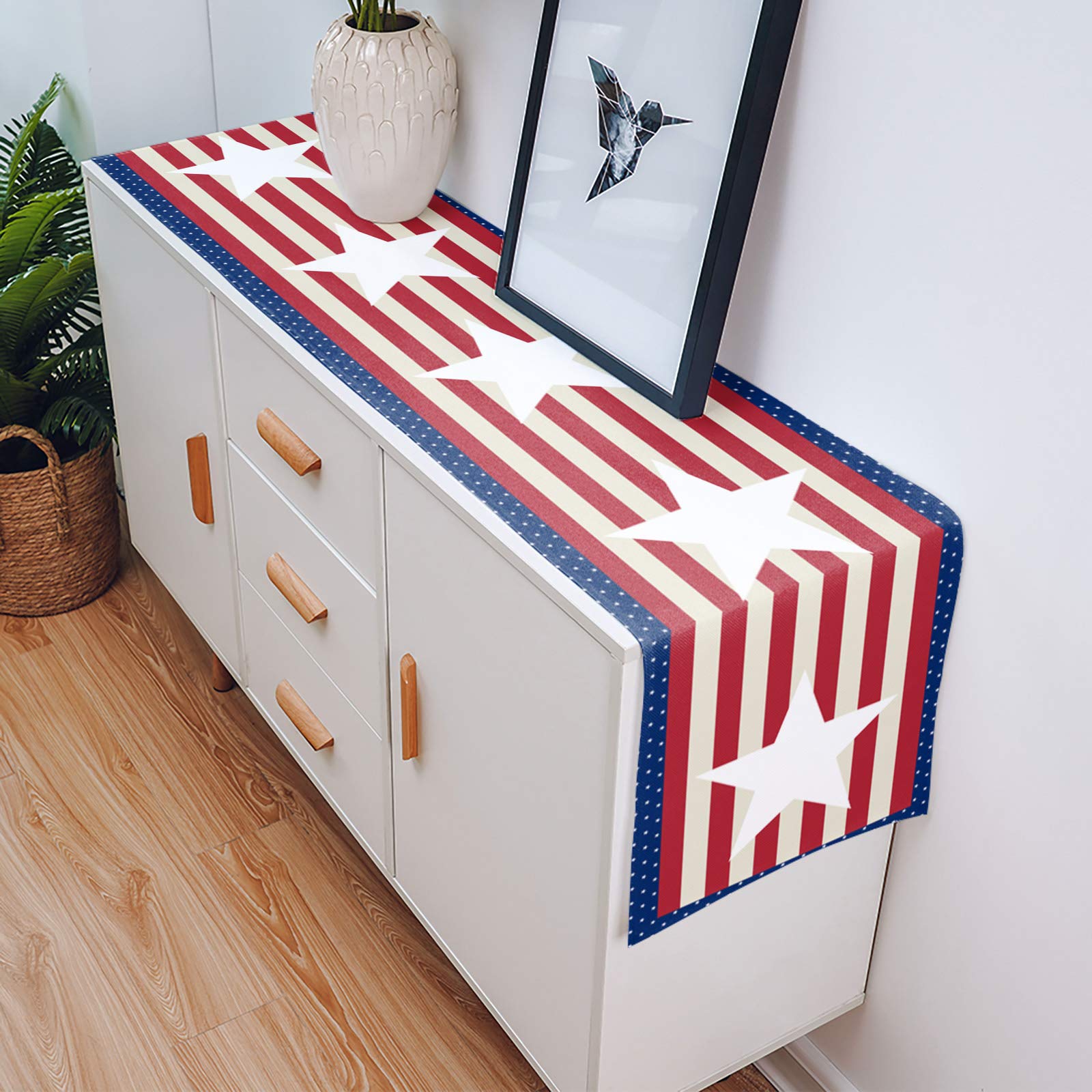 4th of July Patriotic Table Runner - 13x70 Inch USA Flag Stripes Stars Design for Dining Table, Farmhouse Kitchen Decor, Holiday Dinner Party Decoration | Perfect for Independence Day Celebrations, BBQ Gatherings & Festive Home Decor