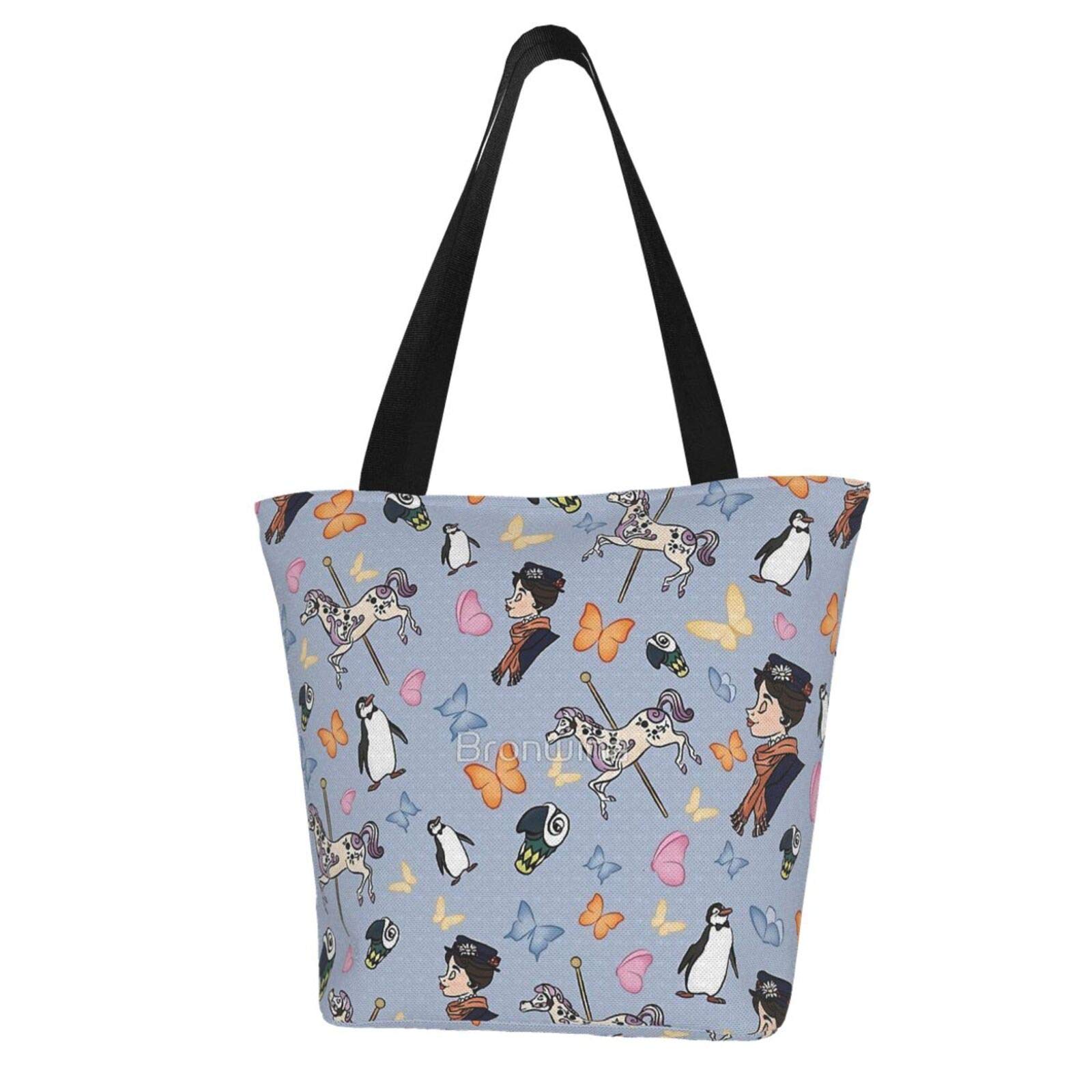 Mary Poppins Pattern Cotton Canvas Tote Bag - Reusable Grocery Shopping Bag, Durable Shoulder Handbag for Women - Perfect for Grocery Shopping, Beach Trips & Daily Use