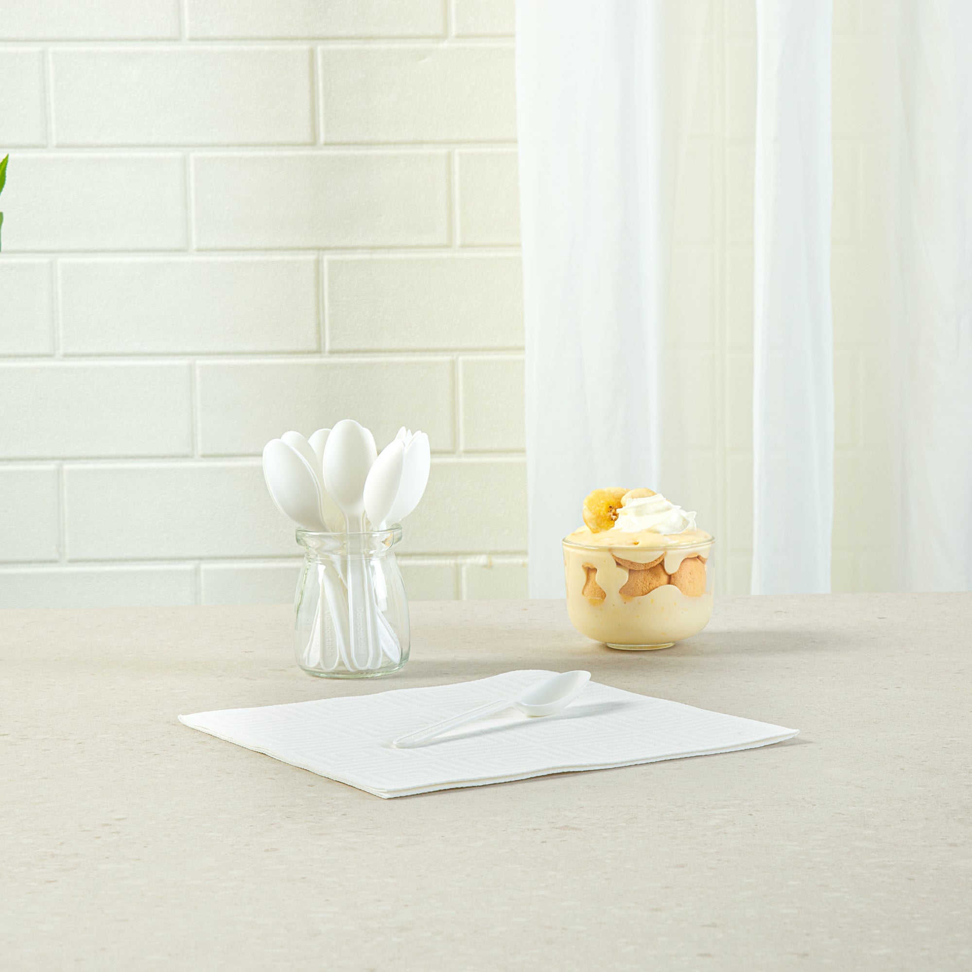 Eco-Friendly White CPLA Plastic Dessert Spoons - Heat Resistant, Compostable, 100-Pack (5