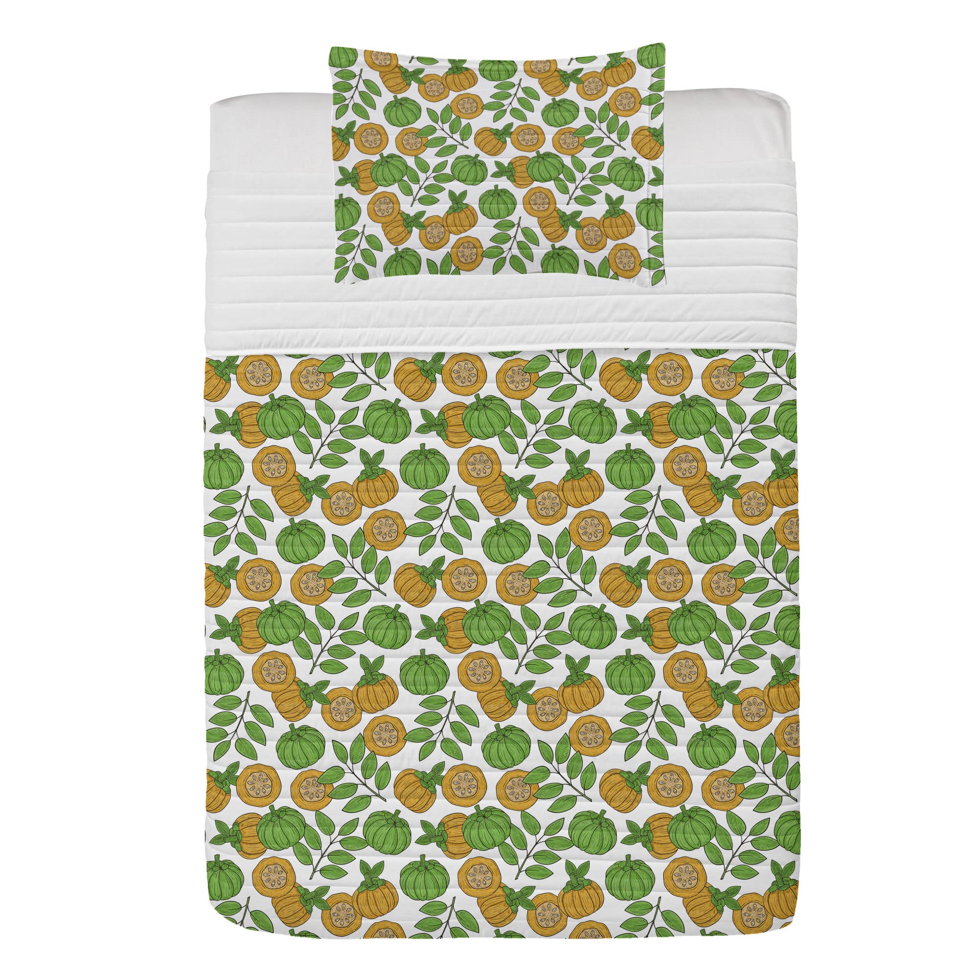 Ambesonne Fruits Microfiber Bedspread Set - Twin Size Soft Bedding with Pillow Sham & Comforter in Pale Coffee Green and White | Eco-Friendly Garcinia Exotic Design for Bedroom Decor | Perfect for Guest Rooms, Dorms, and Cozy Home Styling