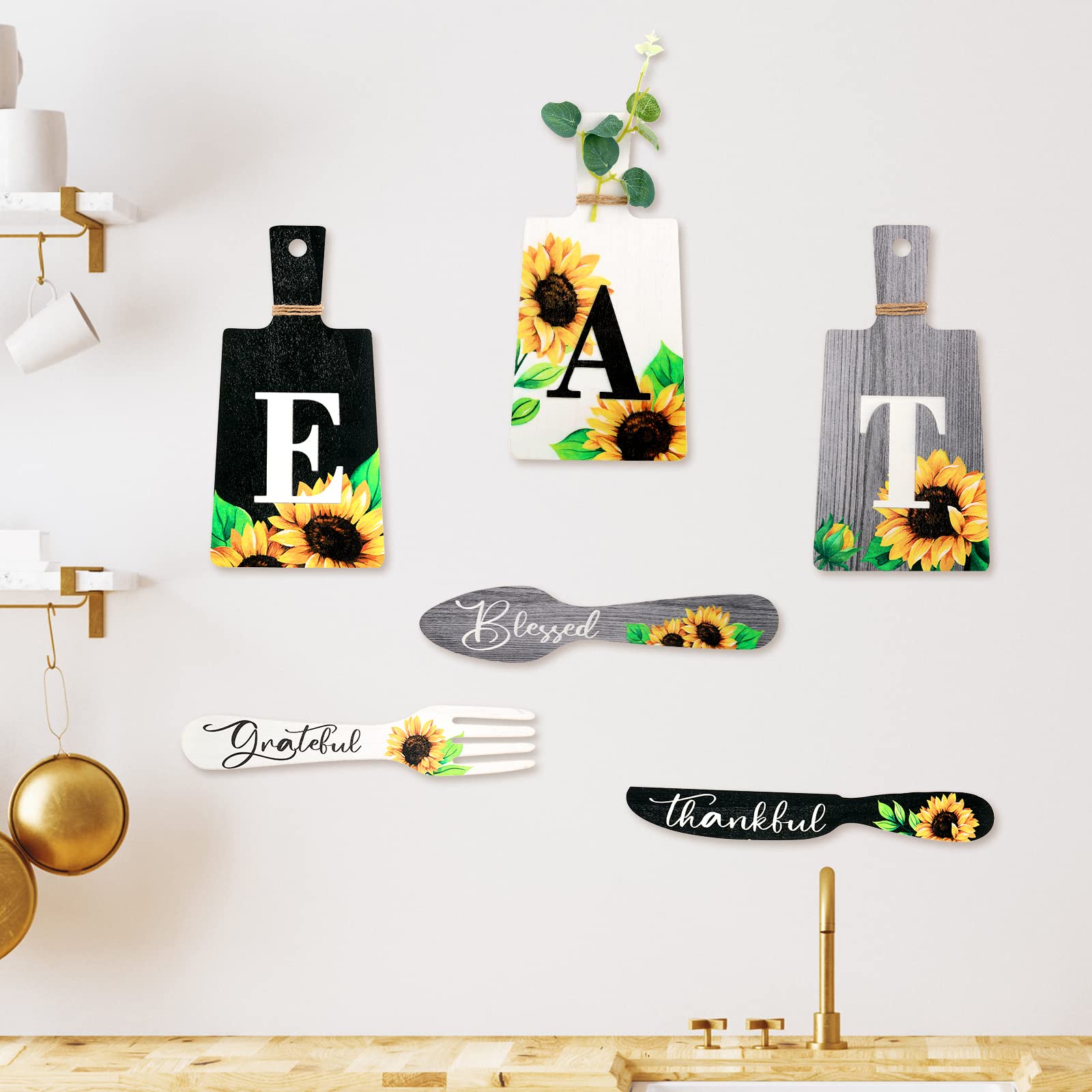Bucherry Set of 6 Sunflower Kitchen Wall Decor - Wooden Fork and Spoon Wall Hanging Plaques with Eat Signs - Farmhouse Style Kitchen Accessories for Dining Room, Country Kitchen, and Rustic Home Decor