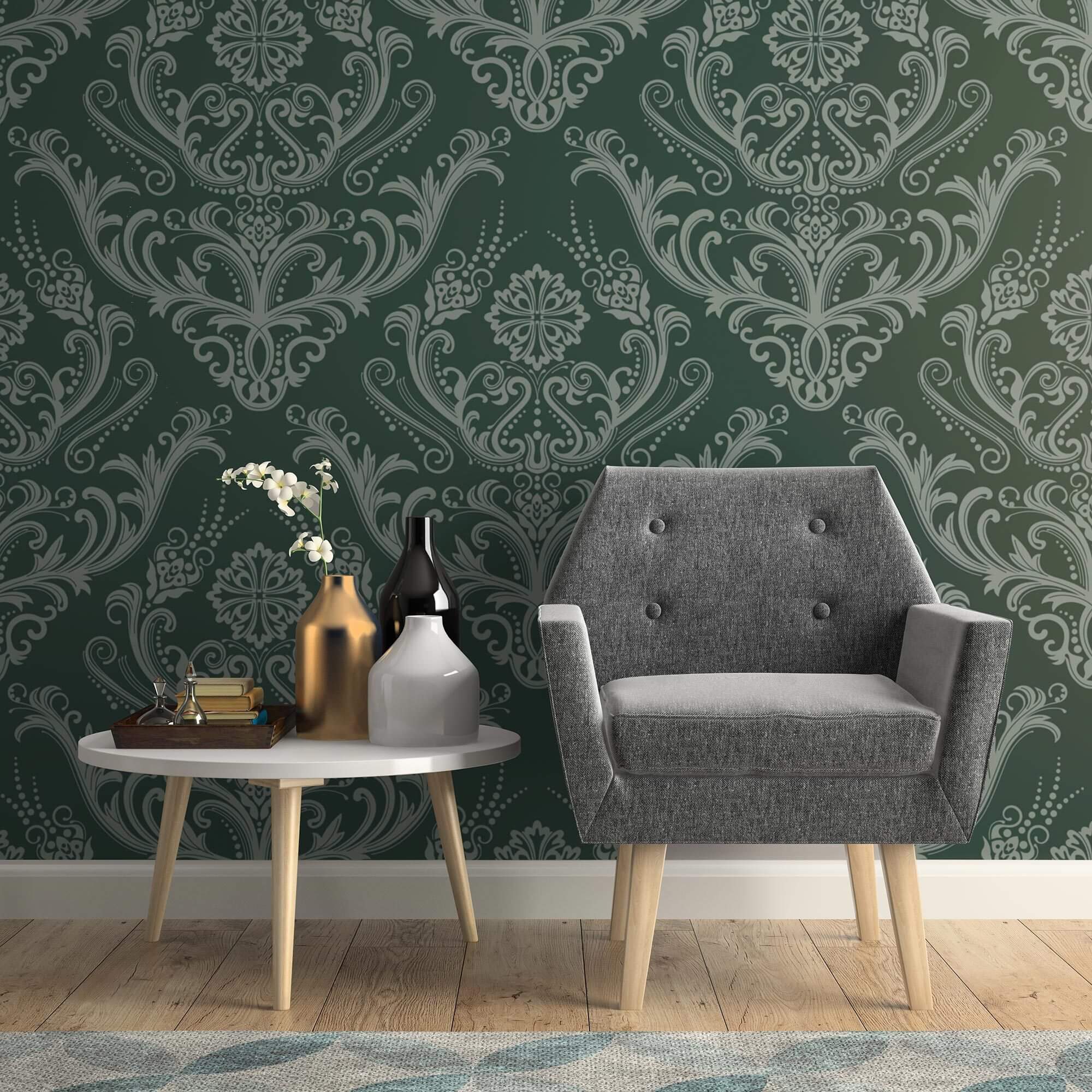 Green Damask Peel and Stick Removable Wallpaper - Self-Adhesive Decorative Wall Covering for Bedroom, Living Room & Home Office Decor