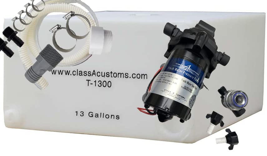 13 Gallon RV Fresh Water Tank with Plumbing Kit & 12V Water Pump - Portable Water Storage Solution for Camping, Boating & Outdoor Adventures | T-1300-BPK-PUMP
