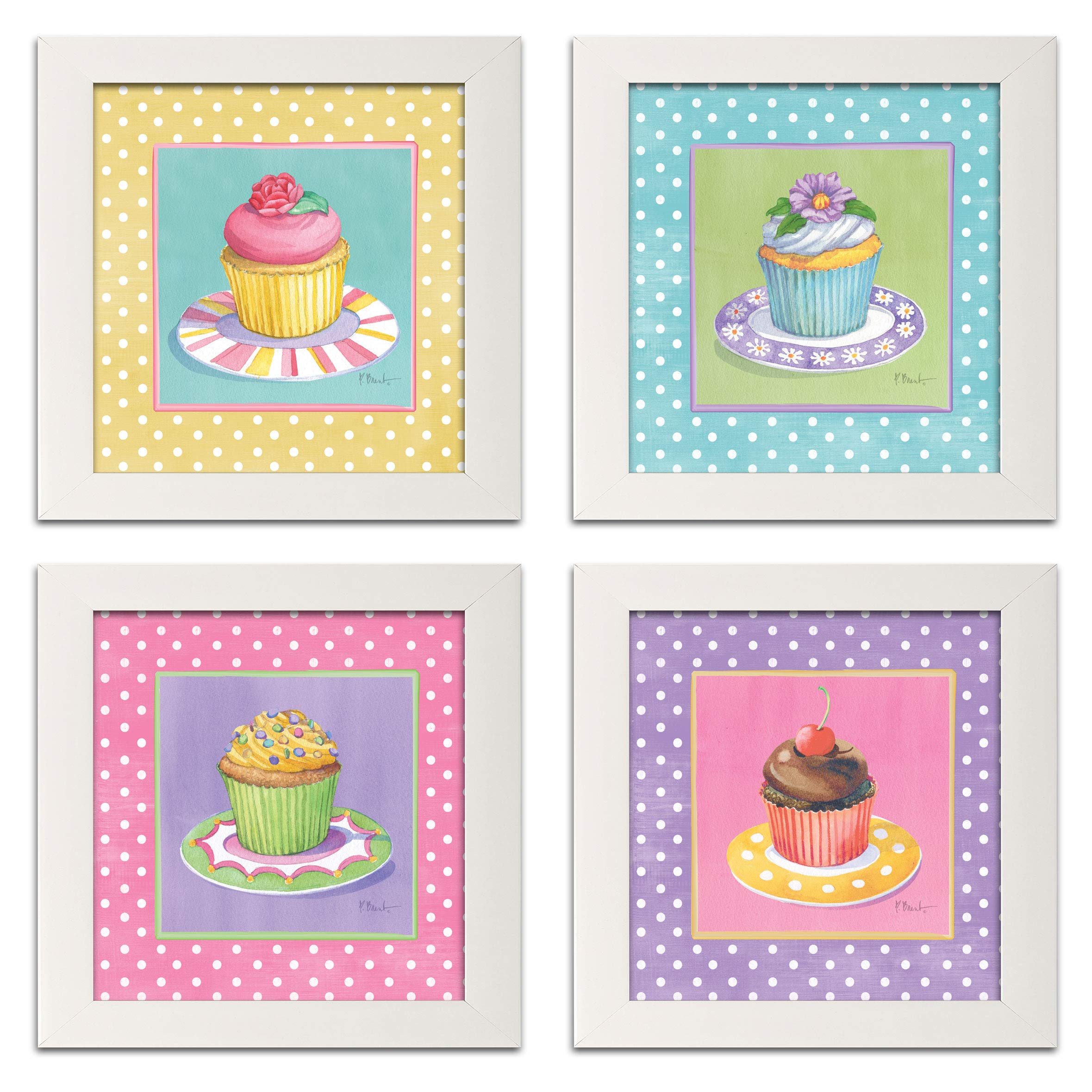 4 Cute Pastel Cupcake Art Prints - Pink, Yellow, Blue & Lavender Framed Kitchen Decor (12x12 Inch) by Paul Brent | Perfect for Baking Themed Wall Art, Sweet Shop Displays & Home Decor