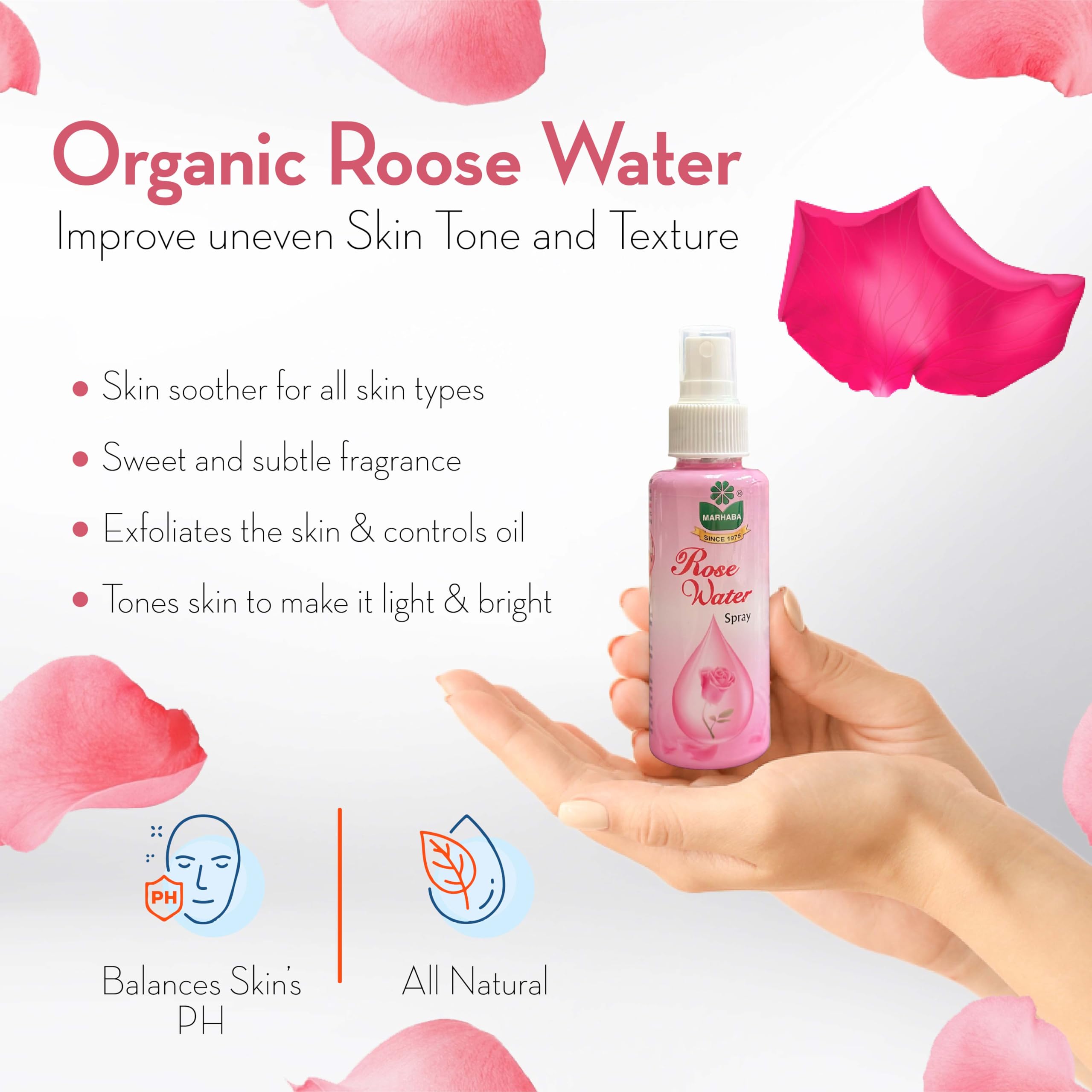 Organic Rose Water Spray for Face & Hair - Pure Hydrating Facial Mist with Natural Rose Extract | Skin Care, Hair Growth & Refreshing Spray for Daily Use, Travel & Spa