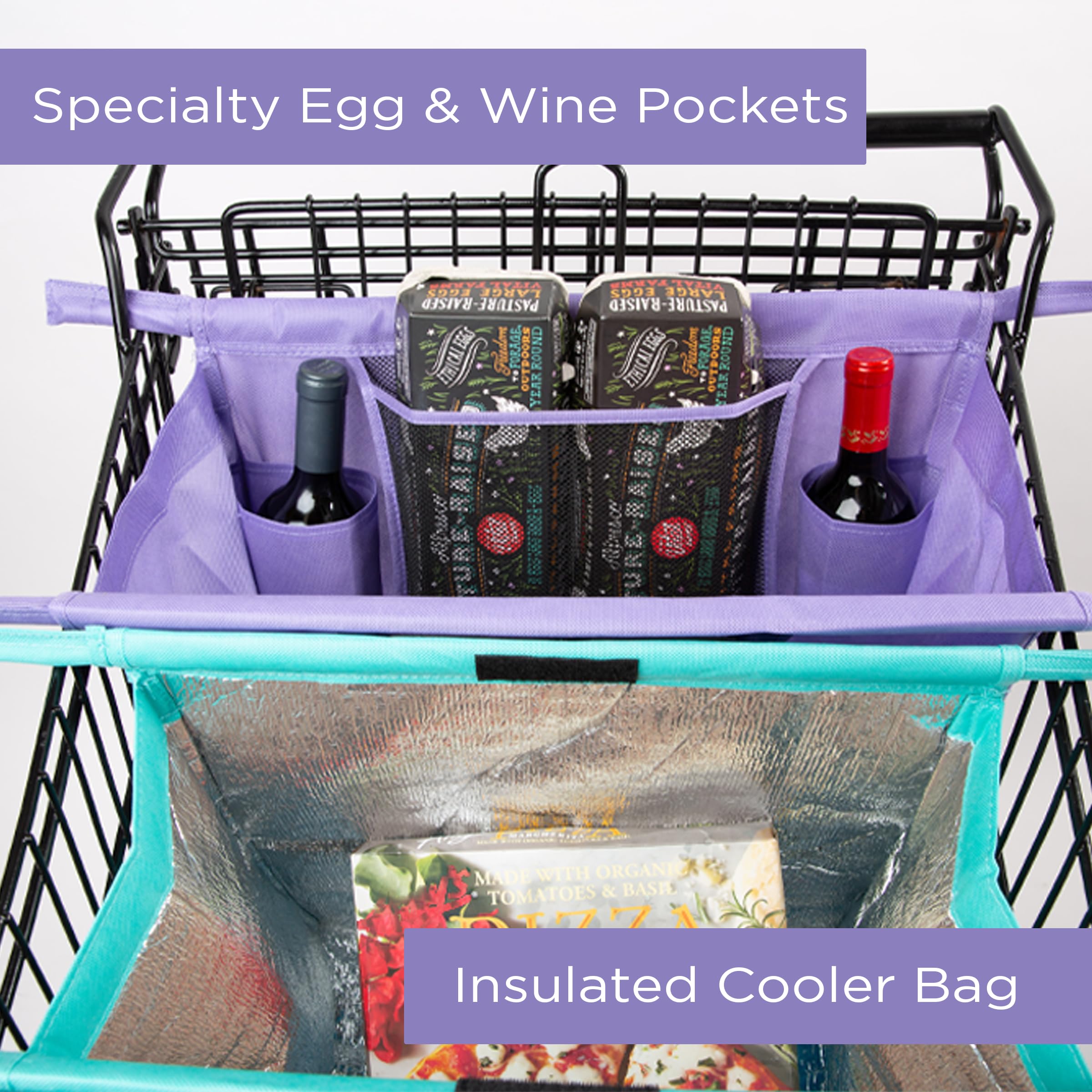 Lotus Reusable Shopping Cart Bags Set of 4 - Insulated Grocery Tote with Cooler Pockets & Egg/Wine Holder - Foldable Washable Grocery Organizer for Supermarket, Farmers Market & Bulk Shopping - Perfect for Grocery Hauling, Food Storage & Picnic Trips