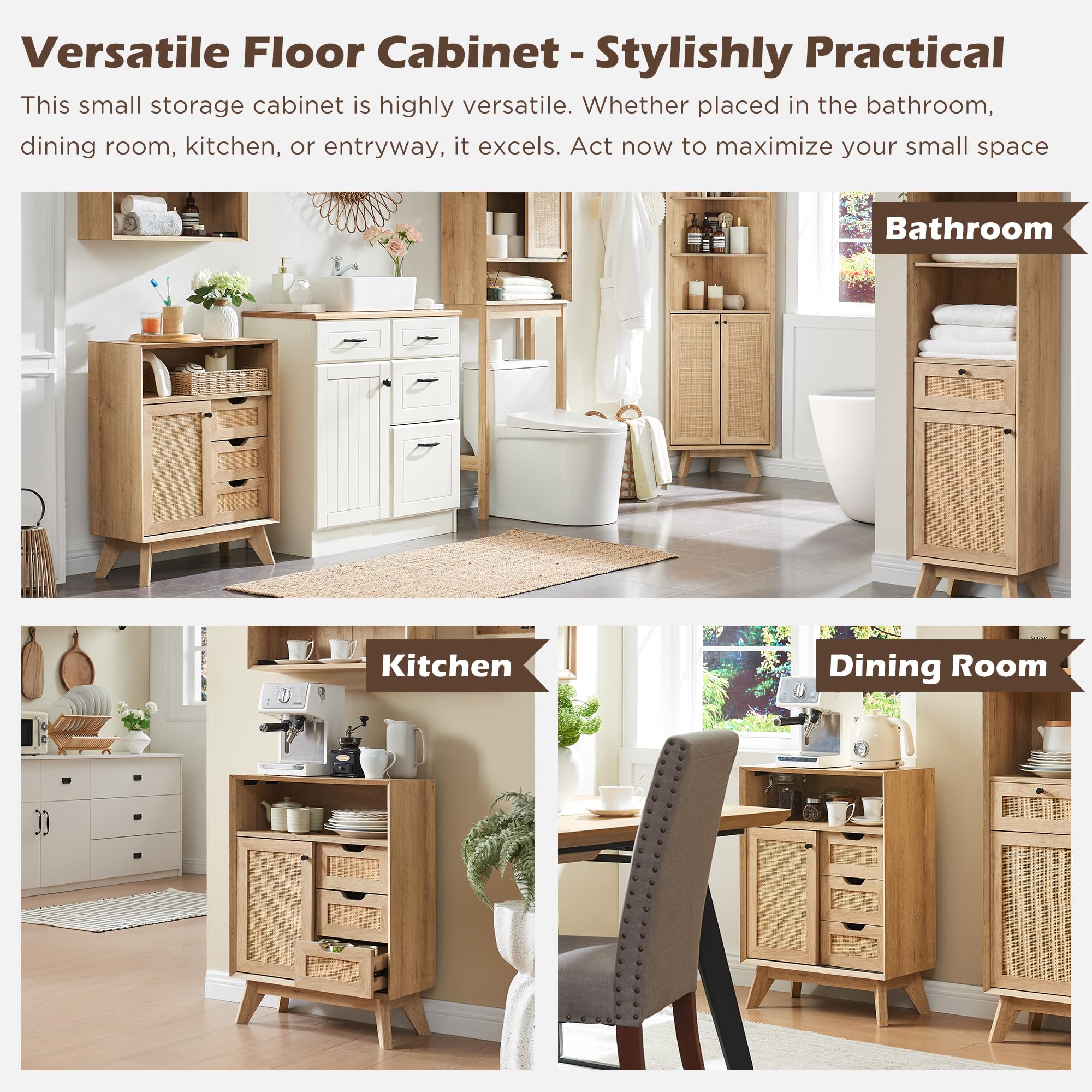 Natural Rattan Bathroom Storage Cabinet with Sliding Door & 3 Drawers - Modern Boho Freestanding Organizer for Bathroom, Kitchen, Dining Room | Perfect for Small Space Organization & Home Decor