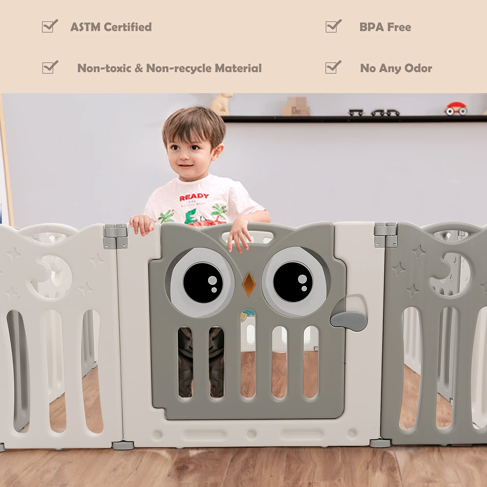 HONEY JOY Baby Playpen - 14 Panel Owl Design Play Yard with Anti-Slip Base & Lockable Door | Indoor Portable Safety Fence for Toddlers & Infants | Perfect for Playrooms, Living Rooms & Daycare Centers (Beige)