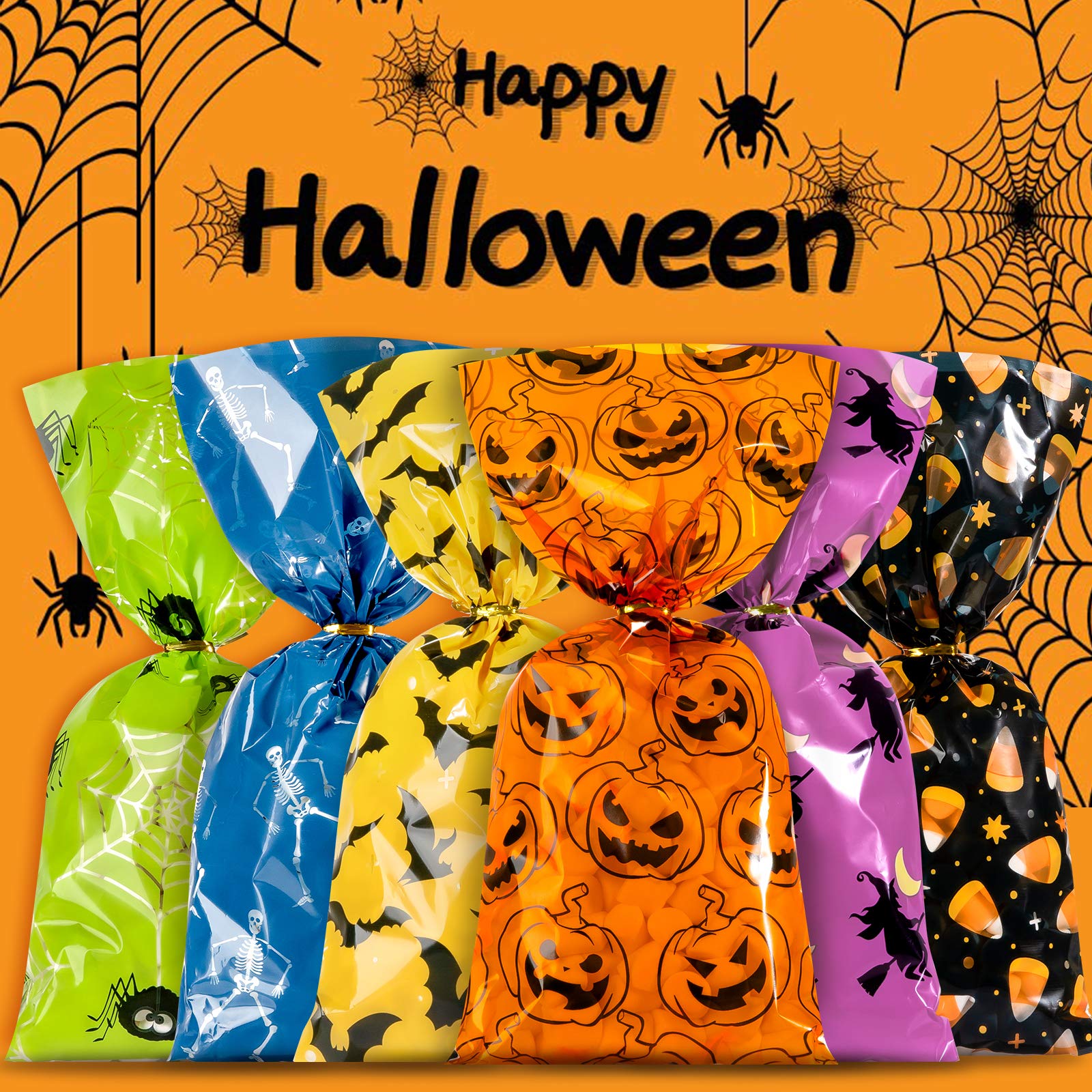 150Pcs Halloween Cellophane Bags - 6 Designs with Twist Ties (Pumpkin, Spider, Bat, Bone) - Candy Treat Bags for Halloween Party Favors, Sweet Gifts & Table Decorations - Perfect for Trick-or-Treat, Classroom Treats & Halloween Party Decor