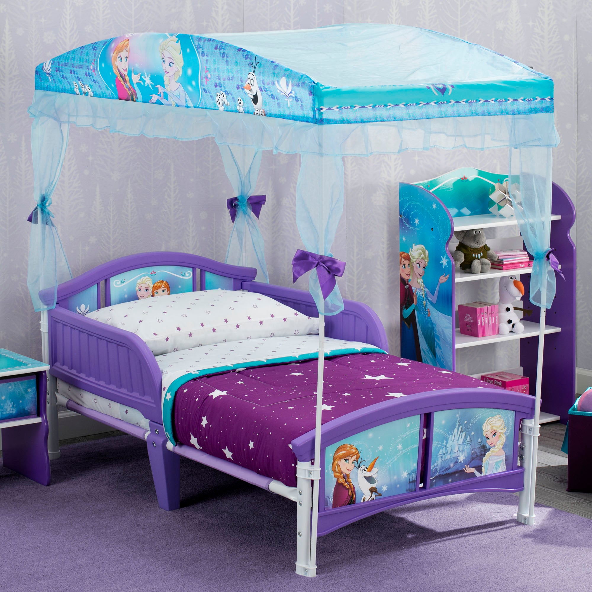 Frozen Themed Toddler Canopy Bed for Girls - Disney Princess Inspired Kids Bed with Mosquito Net - Perfect for Nursery, Bedroom Decor & Birthday Gifts