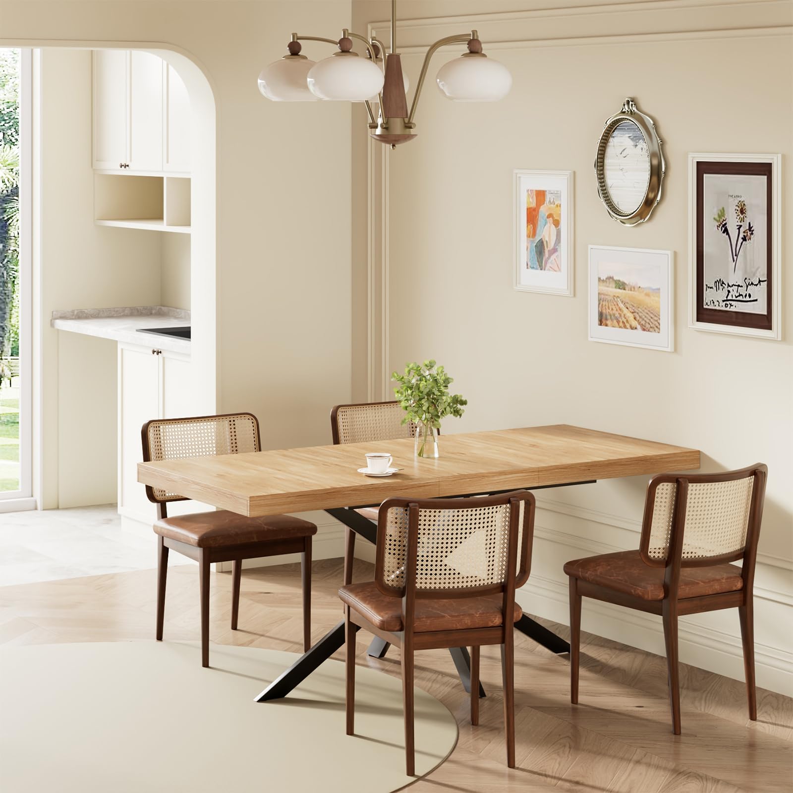 55''-70.9'' Extendable Wooden Dining Table for 4-8 People, Expandable Rectangle Farmhouse Table with Hidden Storage - Solid Oak Kitchen & Office Furniture for Dining Room, Family Gatherings and Small Spaces