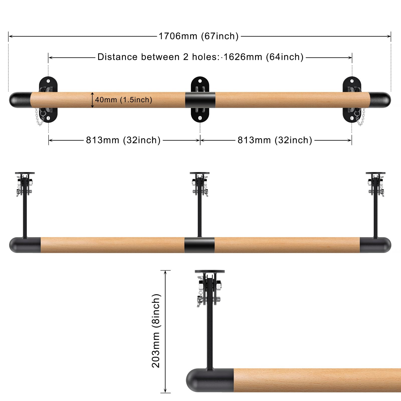 BeneLabel Adjustable Wall Mount Ballet Barre - Solid Wood Dance Bar with Metal Brackets for Ballet, Dance Training, Home Gym & Studio Use