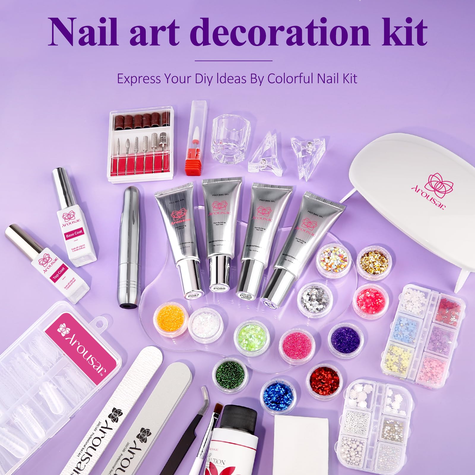 Arousar Nail Extension Gel Kit - 15ml x 4 Bottles (Sparkling Silver) with Anti-Slip Base & Top Coat, UV/LED Lamp & Nail Drill for Salon & DIY Manicure - Perfect for Beginners & Professionals | At-Home Nails, Salon Services, Party Glam Looks