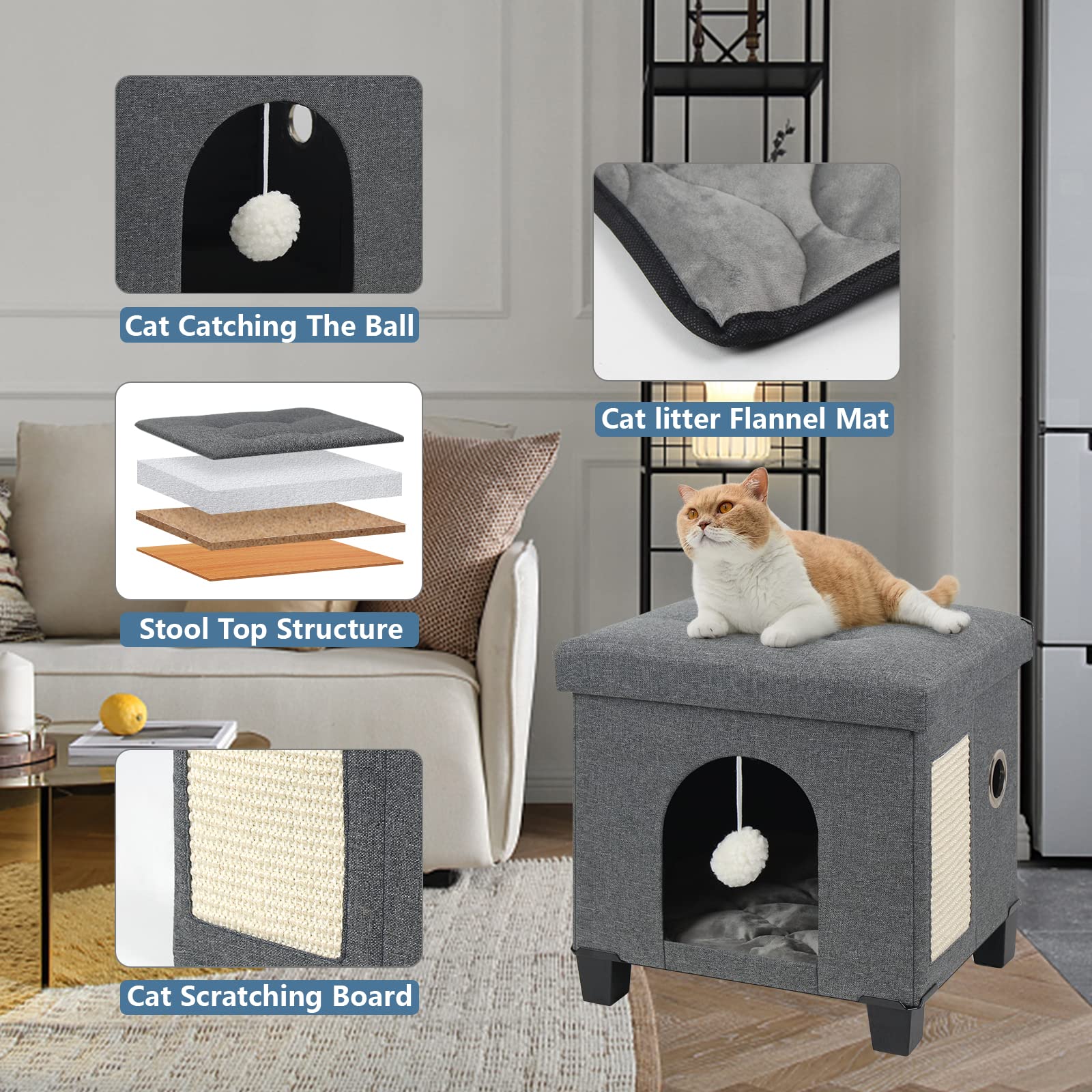 BRIAN & DANY Foldable Cat Bed for Indoor Cats - Large Cat Cube House with Scratch Board & Toy Ball, 14.5