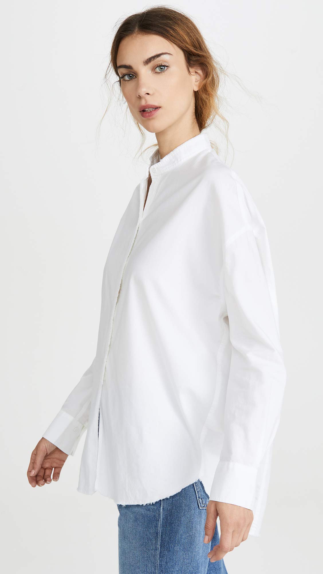 Vince Women's Raw Edge Oversized Long Sleeve Shirt - Soft Cotton Blend Tunic Top for Casual Wear & Layering