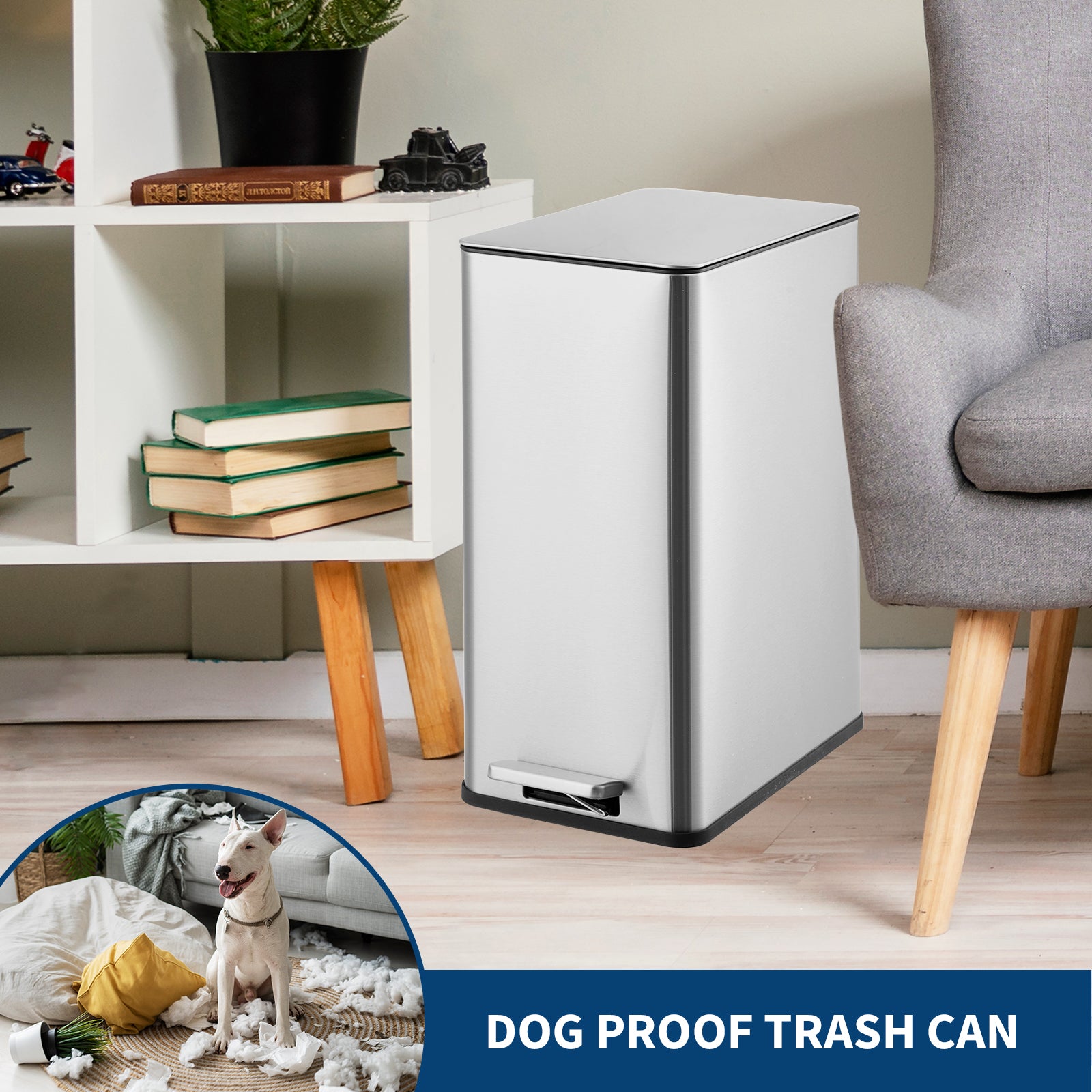 GARVEE 4 Gallon (15 Liter) Stainless Steel Step Trash Can with Removable Inner Bucket - Slim Rectangle Garbage Bin with Soft Close Lid for Bathroom, Living Room, Office & Kitchen - Ideal for Home, Office & Commercial Spaces