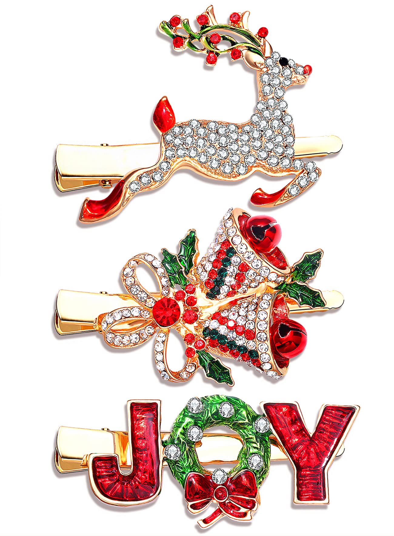 3PCS Christmas Hair Clips for Women - Festive Snowflake Wreath & Reindeer Bell Hairpins with Rhinestones | Holiday Hair Barrettes for Xmas Party, Costume Accessories & Gift Giving (3PCS Set)