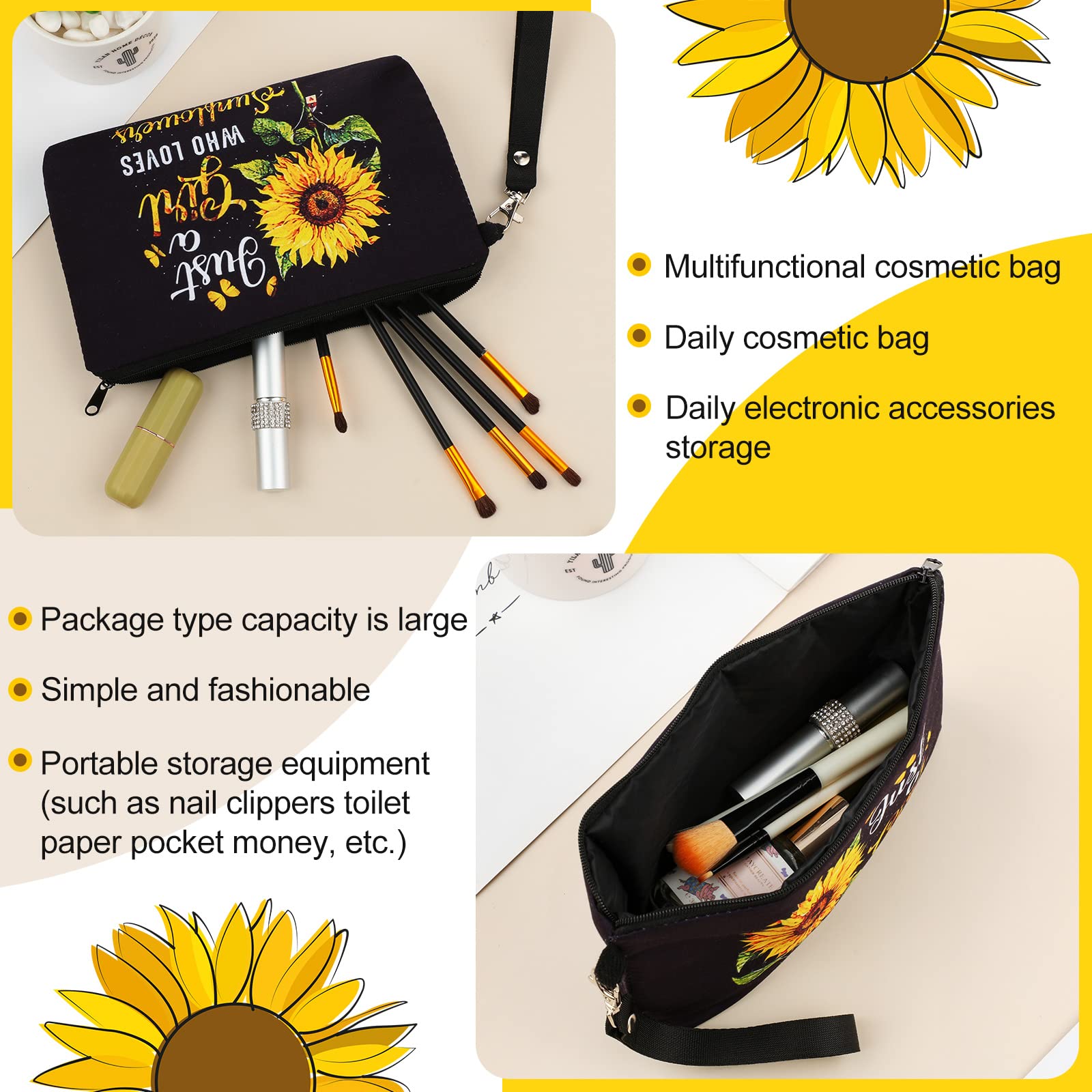 Sunflower Print Cosmetic Bag for Women - Zippered Makeup Pouch & Travel Organizer - Perfect Gift for Sunflower Lovers - Use for Toiletries, Pencils, or Travel Essentials