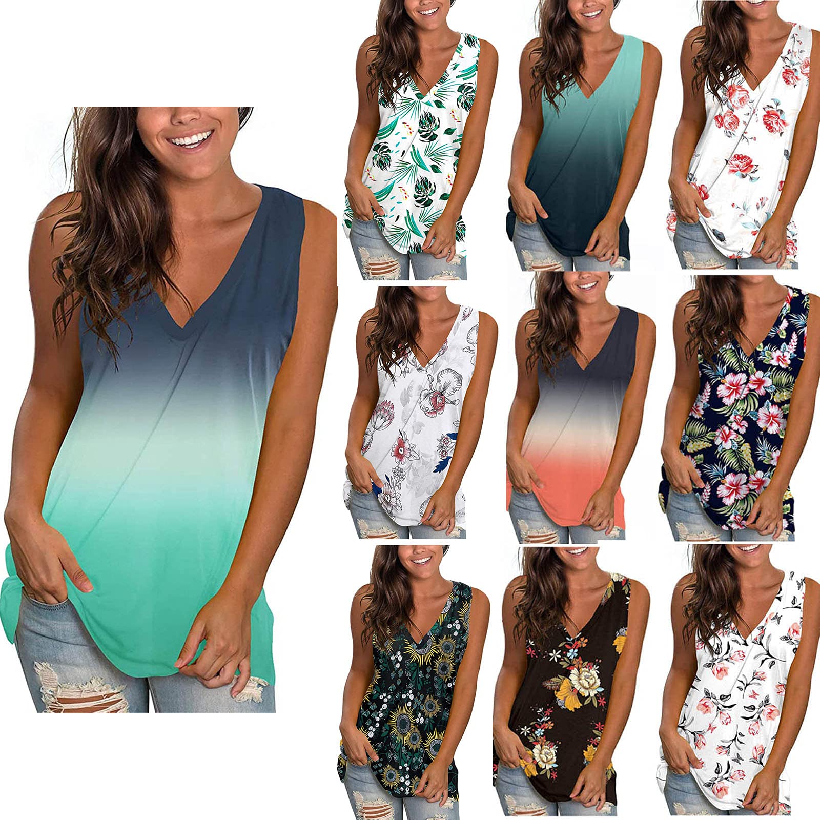 VithconlZQ Women's Floral Print V-Neck Tank Tops - Sleeveless Casual T-Shirts for Summer, Gym, Beach & Everyday Wear