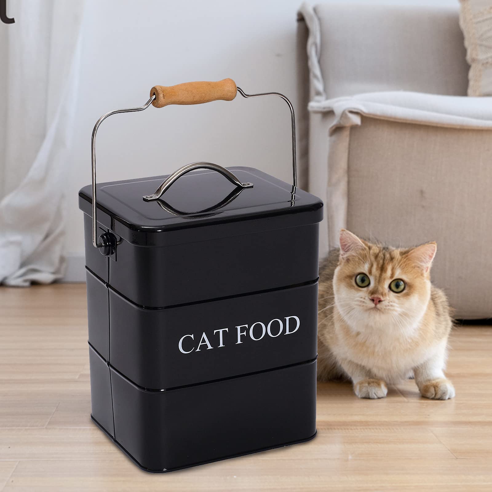 Cat Food Storage Container with Lid & Scoop - Airtight Farmhouse Cat Food Bin for Kitchen Countertop, Shelf, or Home Decor - Black - Ideal for Dry Kibble Storage & Pet Food Organization
