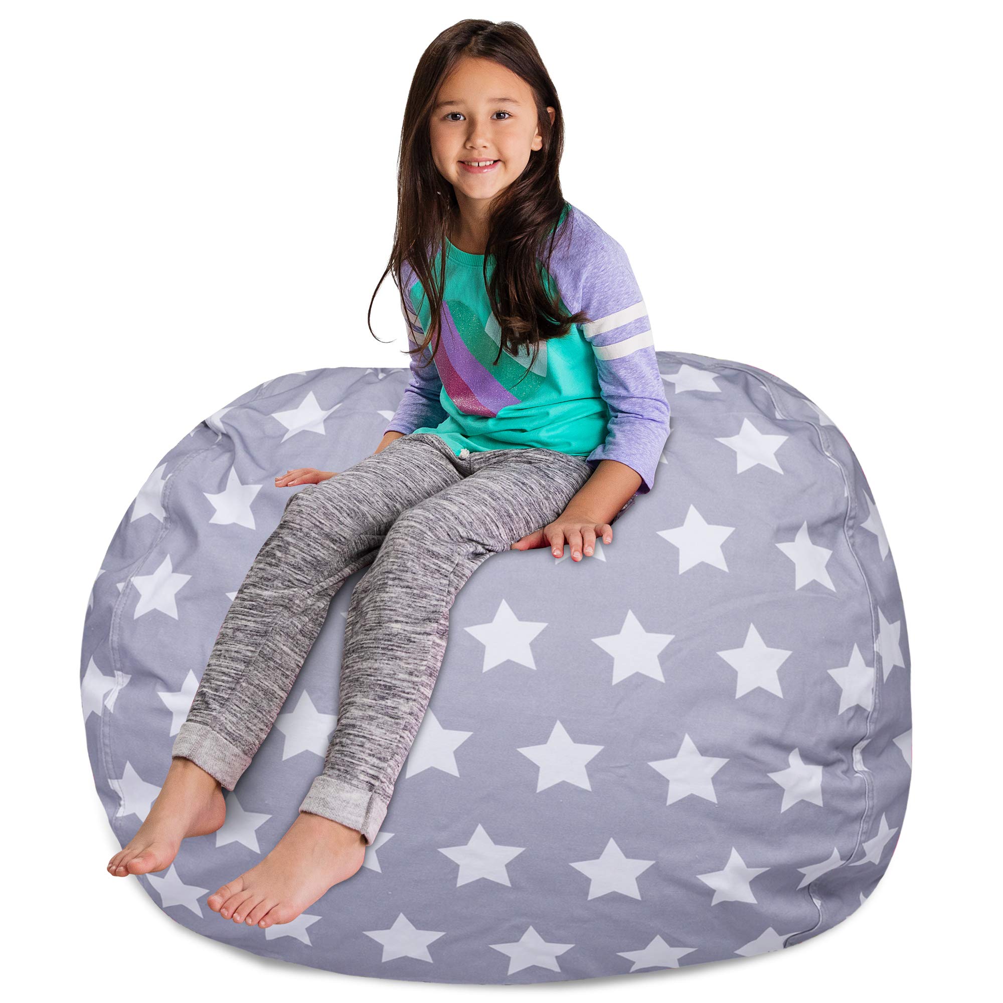 Posh Creations Kids Stuffed Animal Storage Bean Bag Chair Cover - XL 48in Toy Organizer for Children's Room, Gray with White Stars Canvas - Perfect for Playroom, Bedroom & Nursery Organization