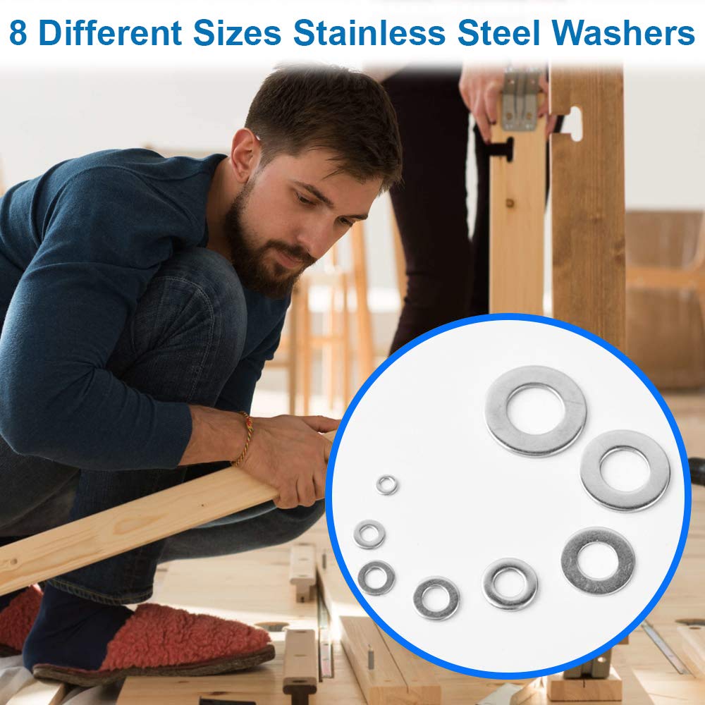 360pcs Stainless Steel Flat Washer Spacers Assortment Kit - M2 M2.5 M3 M4 M5 M6 M8 M10 Size 8 Screw Fixing Bolts & Fastener Tools for DIY, Furniture Assembly, Automotive Repair and Machinery Maintenance