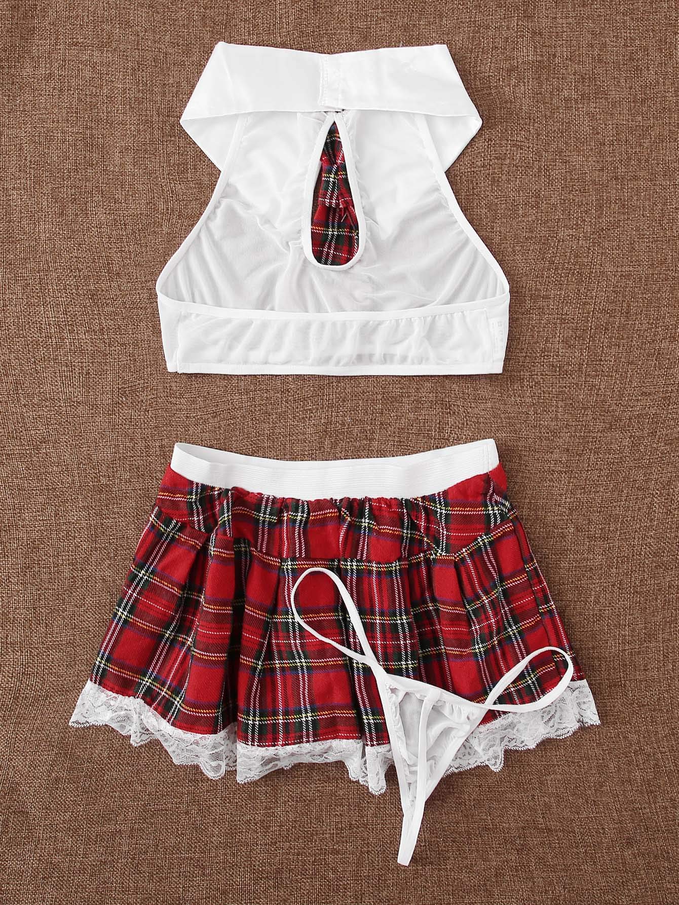 SweatyRocks Women's Sexy Lingerie Set - Lace Cosplay Top & Plaid Mini Skirt Outfit for Halloween, Party & Boudoir Photography