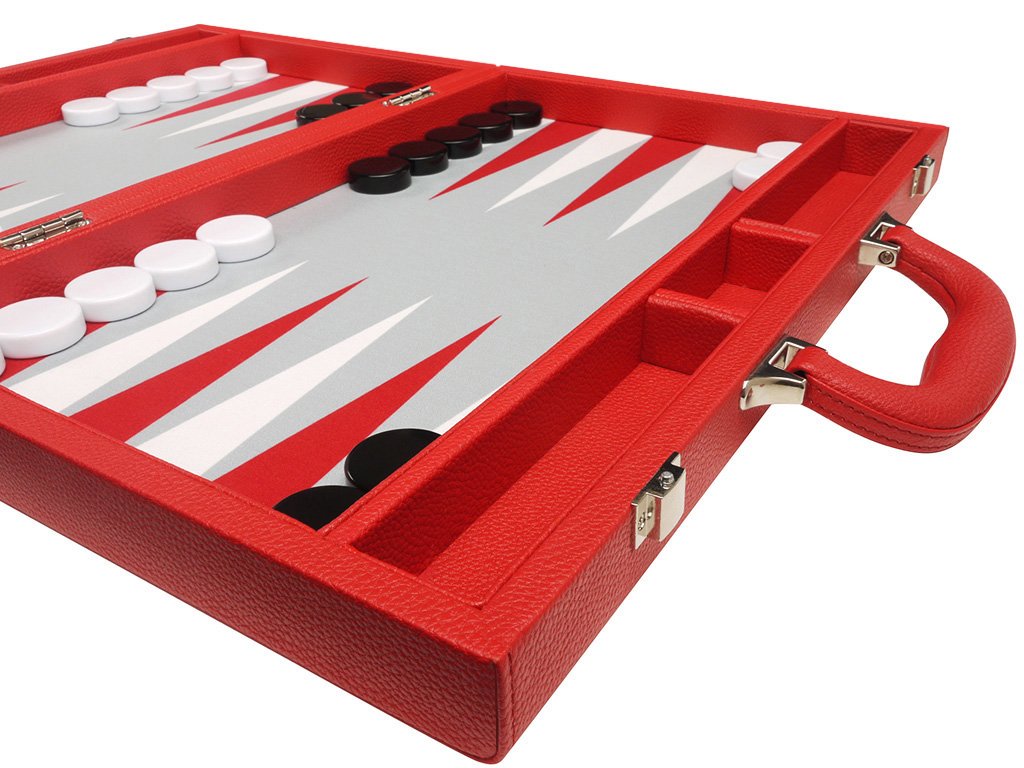 Premium 16-inch Backgammon Set with Red Wooden Board, Grey Playing Field & White/Red Points - Classic Board Game for Family Game Nights, Travel & Casino-Style Entertainment