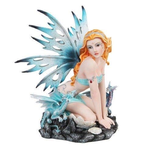 Aquamarine Fairy Statue with Two Baby Dragons - Large 12