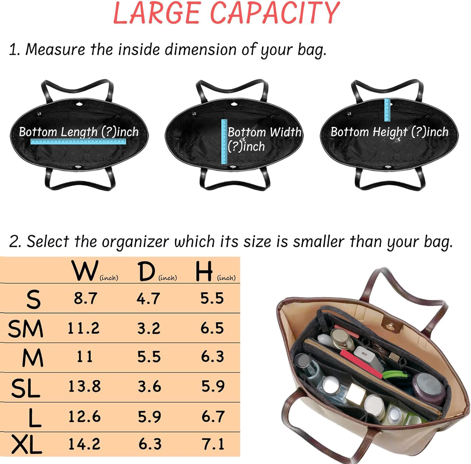 Premium Zipper Felt Purse Organizer Insert - Medium Grey Tote Bag Organizer for Women | Perfect for Travel, Work & Everyday Use