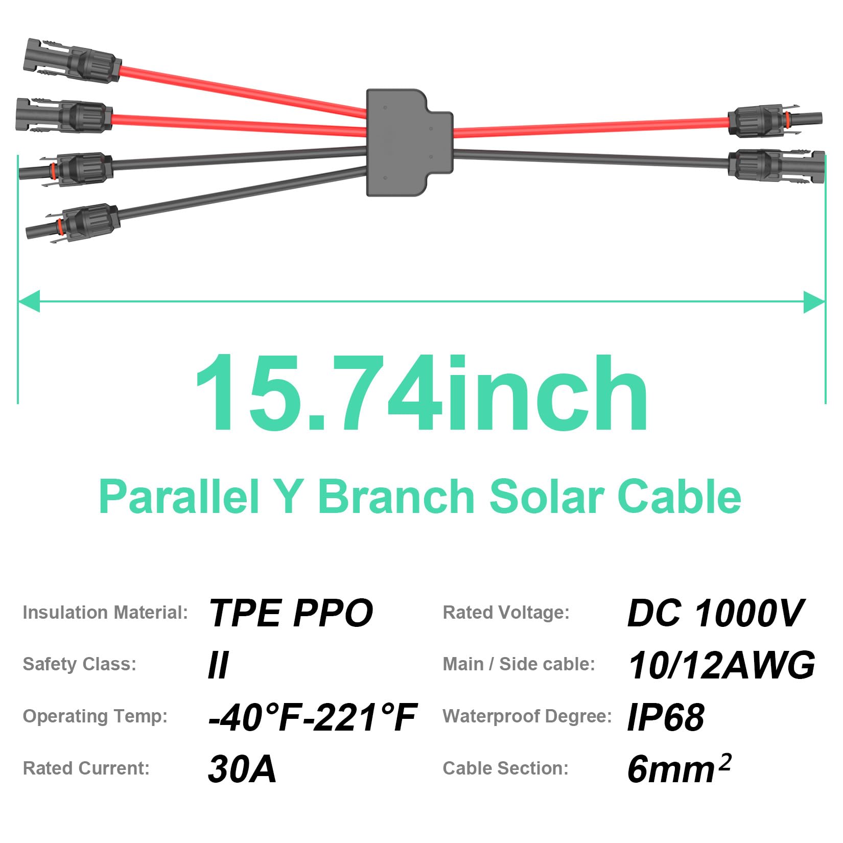 10AWG Solar Panel Connectors Y Branch Adapter - Tool-Free FMM/MFF Parallel Connector Cable for 2 Solar Panels | Perfect for RV, Off-Grid & Home Solar Systems